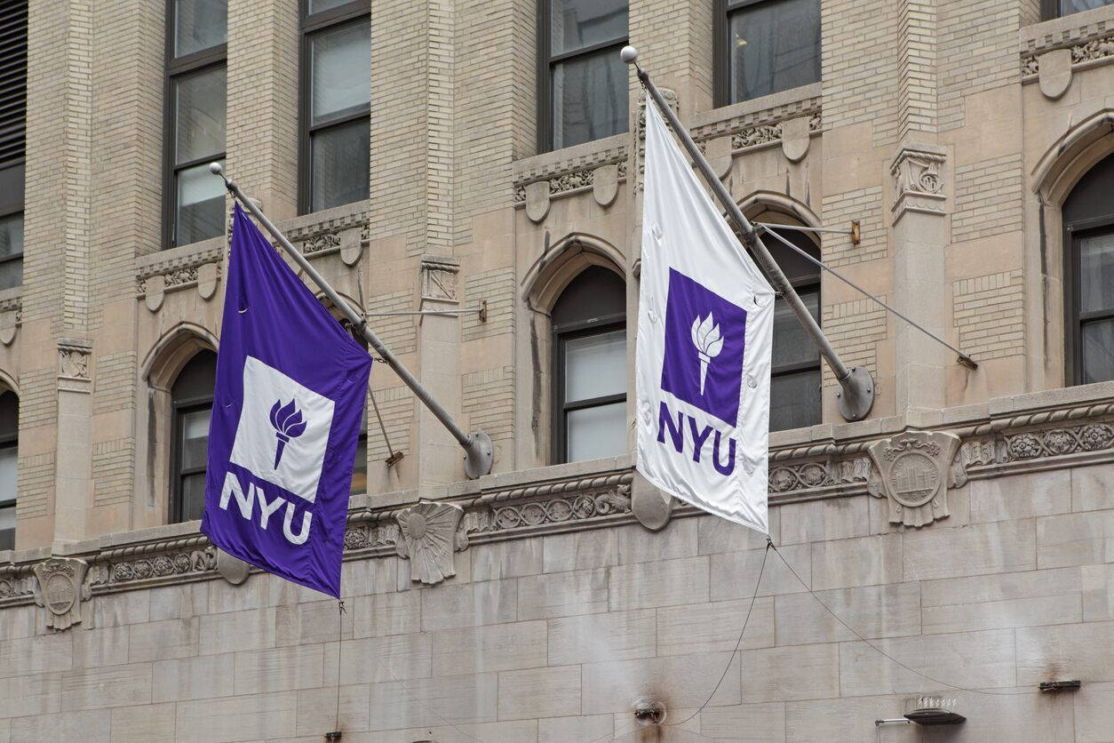 兩面NYU旗幟在帶有拱形窗戶的石砌建築上飄揚。