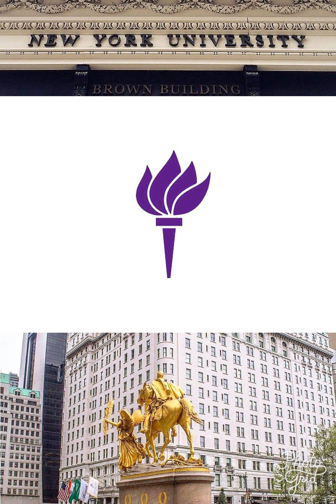 紐約大學布朗大樓，帶有火炬標誌和城市背景中的金色雕像。