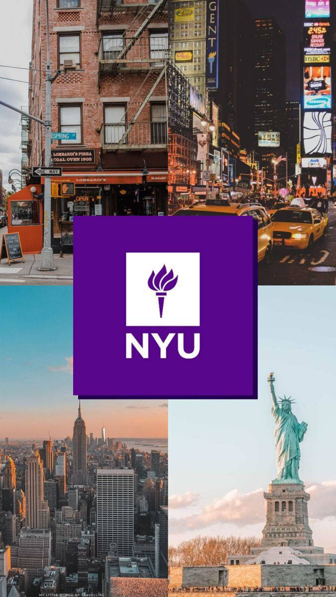 NYU 標誌拼貼畫， featuring 時代廣場、自由神像和日落時分的紐約市天際線。