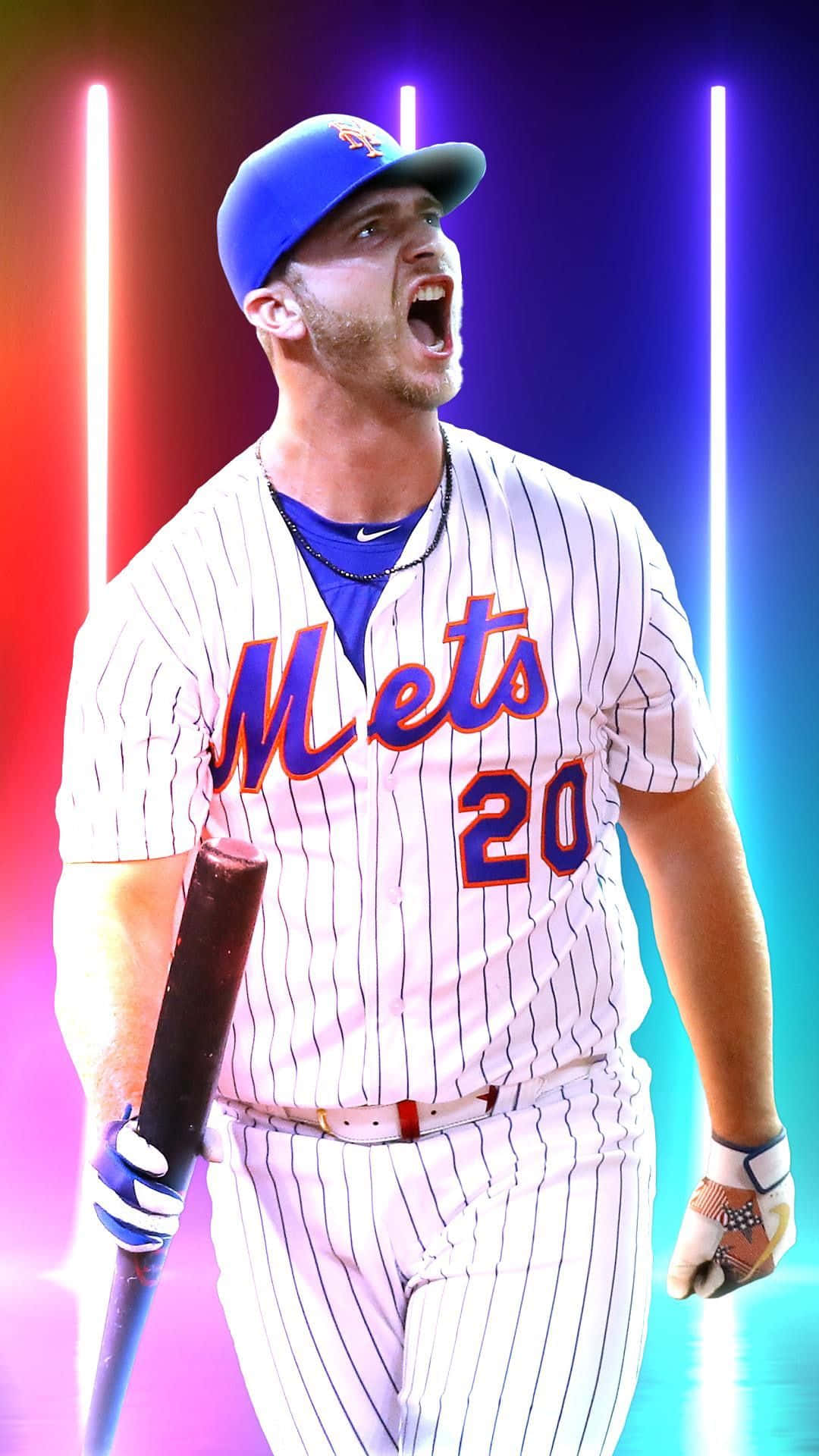 身穿大都會隊球衣的棒球選手在霓虹燈光下用球棒慶祝。