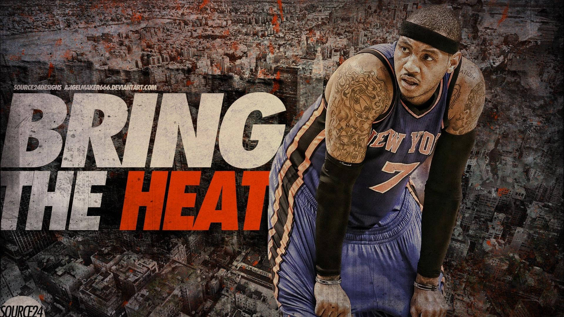 身穿紐約人隊球衣的籃球運動員在城市景觀上向前傾，帶有「BRING THE HEAT」文字。