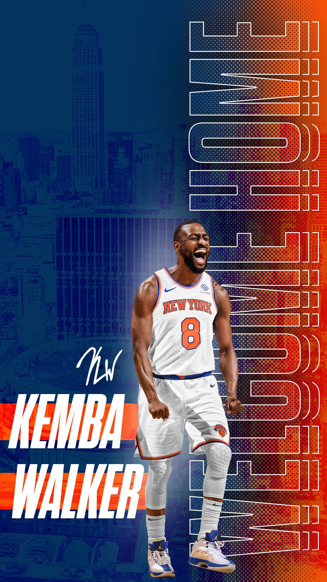 Kemba Walker 身穿紐約人球衣，背後是城市天際線，正在慶祝。