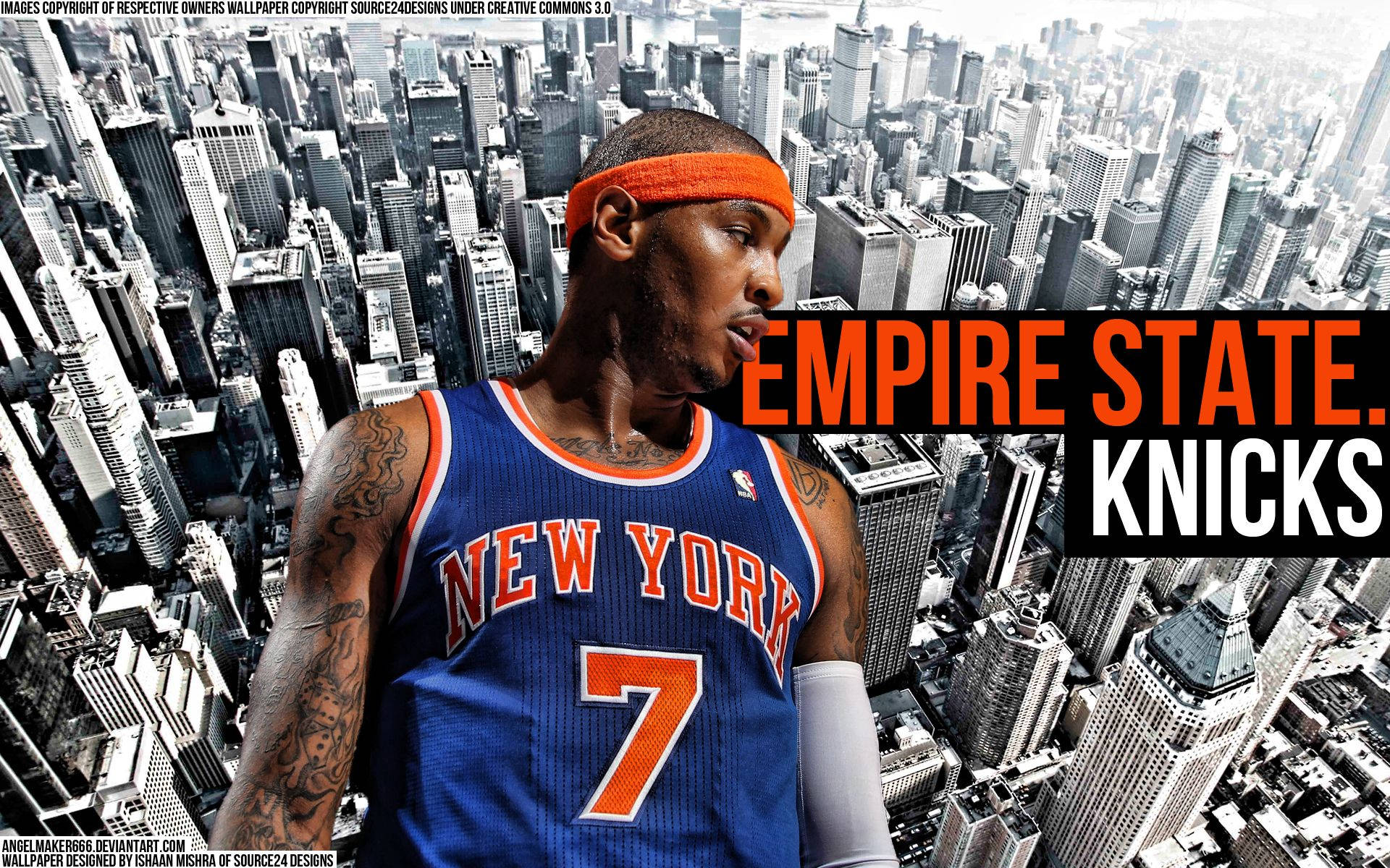身穿紐約人隊球衣的籃球運動員，以紐約天際線為背景，帶有文字 Empire State Knicks。