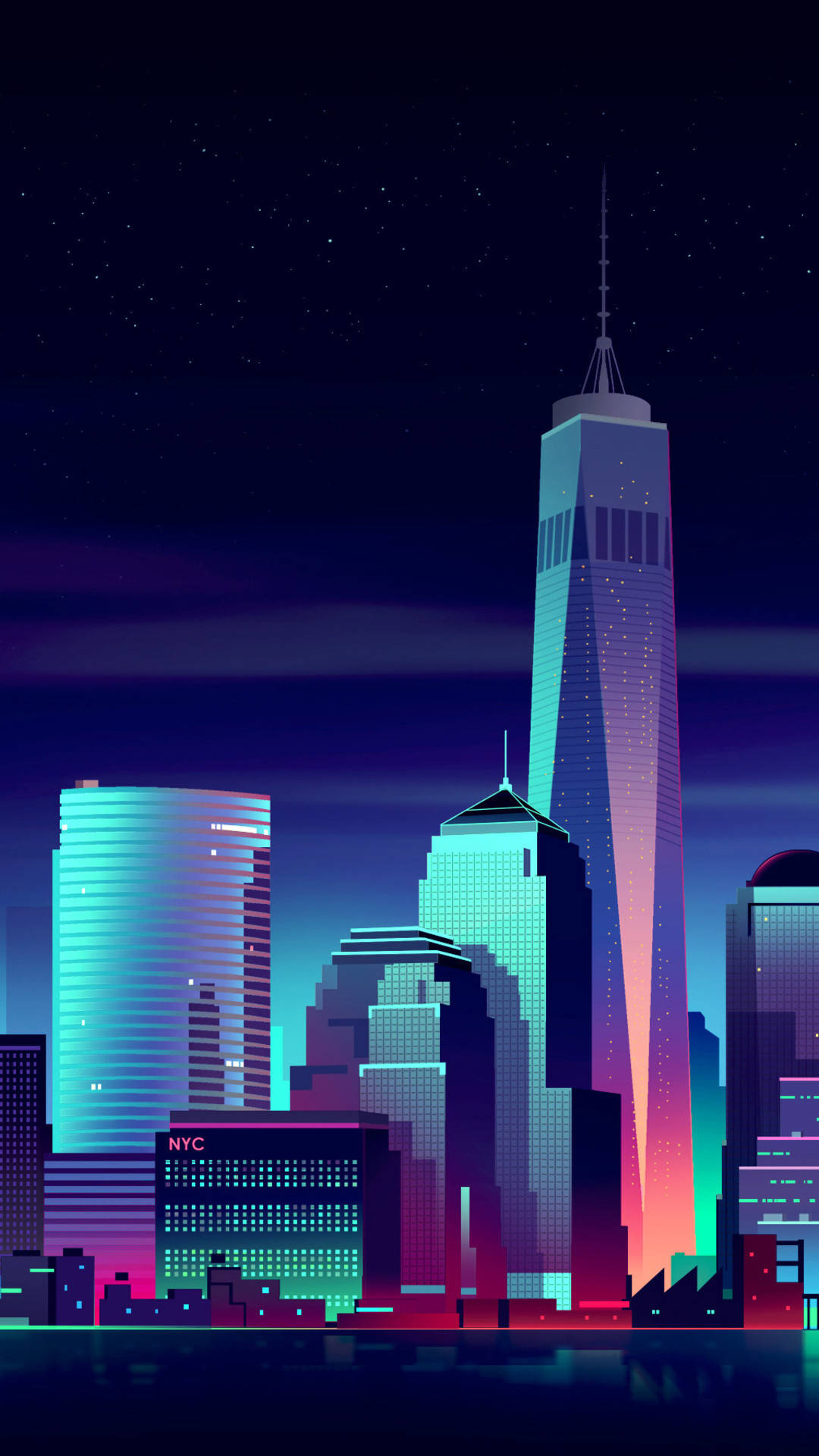 紐約市 iPhone X 建築藝術 壁紙 — 霓虹燈閃爍的紐約市天際線夜景，發光的摩天大樓在繁星點點的紫色天空下倒映在水中。