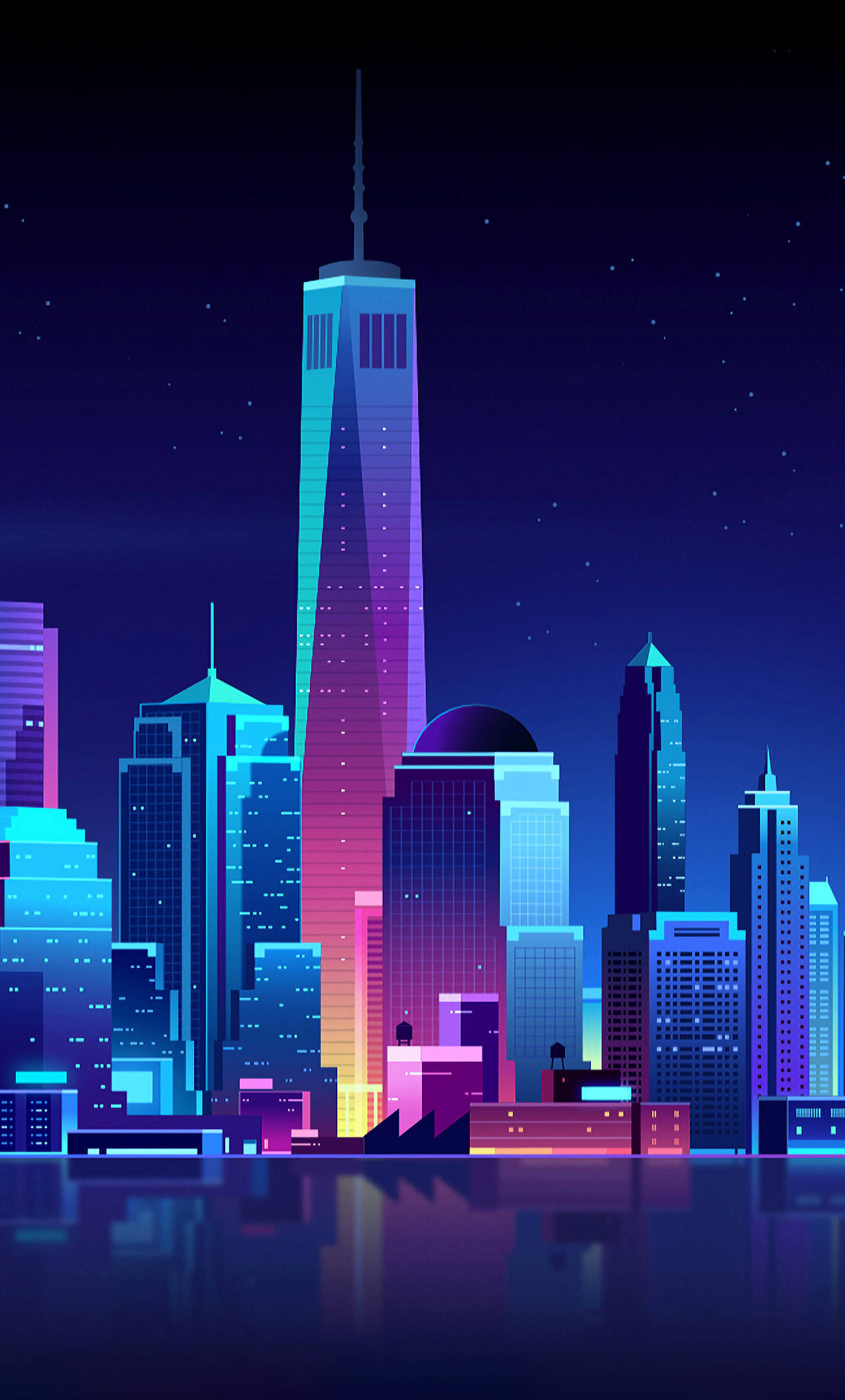 紐約市 iPhone X 數位藝術 壁紙 — 充滿活力的霓虹燈城市夜景，高聳的摩天大樓在星空下倒映在水中。