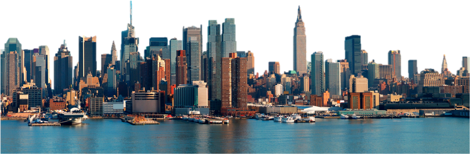 紐約市天際線全景 壁紙 — 紐約市天際線在日落時的 panoramatic 景觀，摩天大樓在水面上反射出金色光芒。