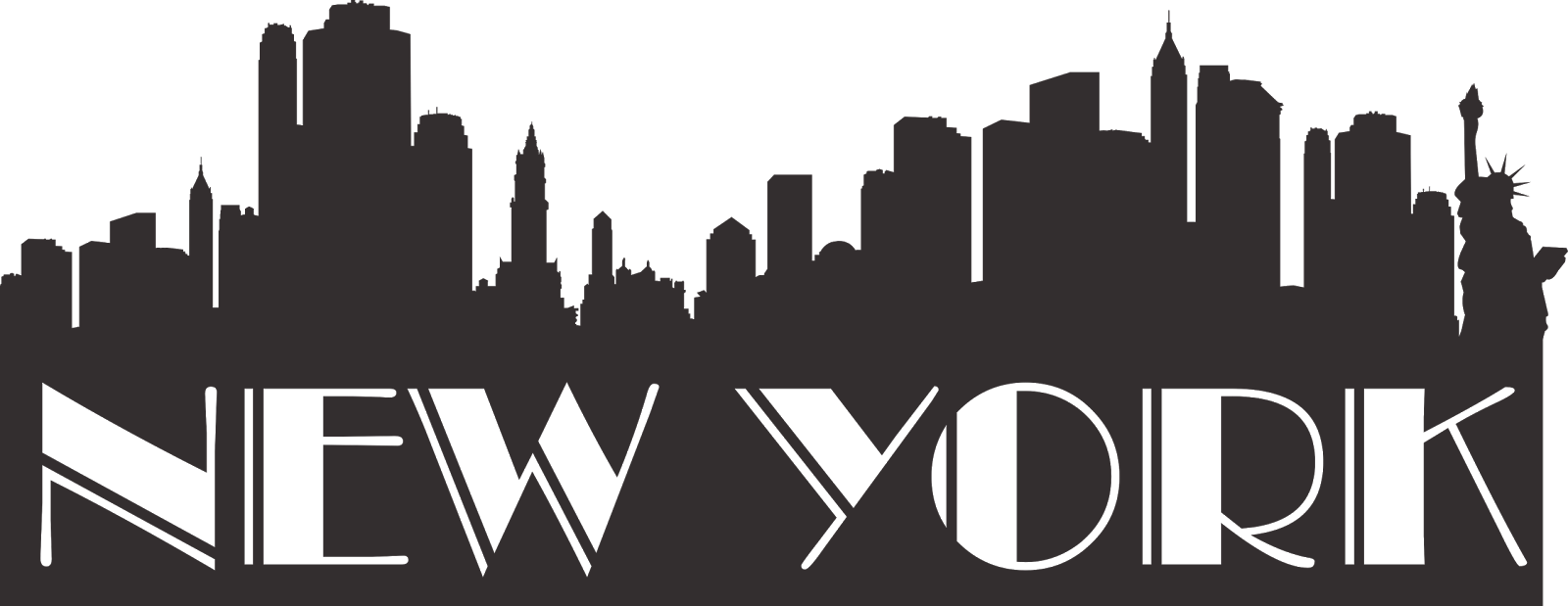 紐約市天際線剪影 壁紙 — 紐約市天際線的醒目黑色剪影，包含標誌性建築和自由女神像，背景為深色。