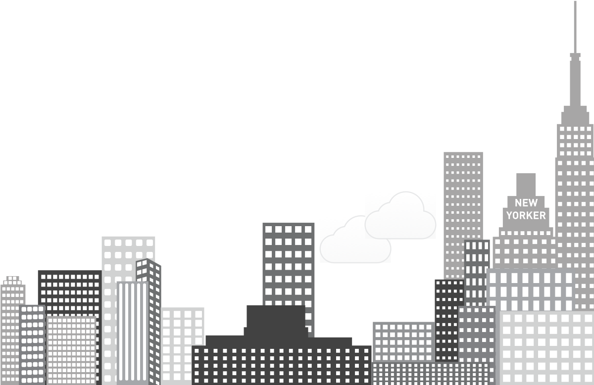 紐約市天際線插圖 壁紙 — 以黑暗天空為背景，極簡黑白像素藝術城市天際線剪影，包含摩天大樓和「NEW YORKER」建築。