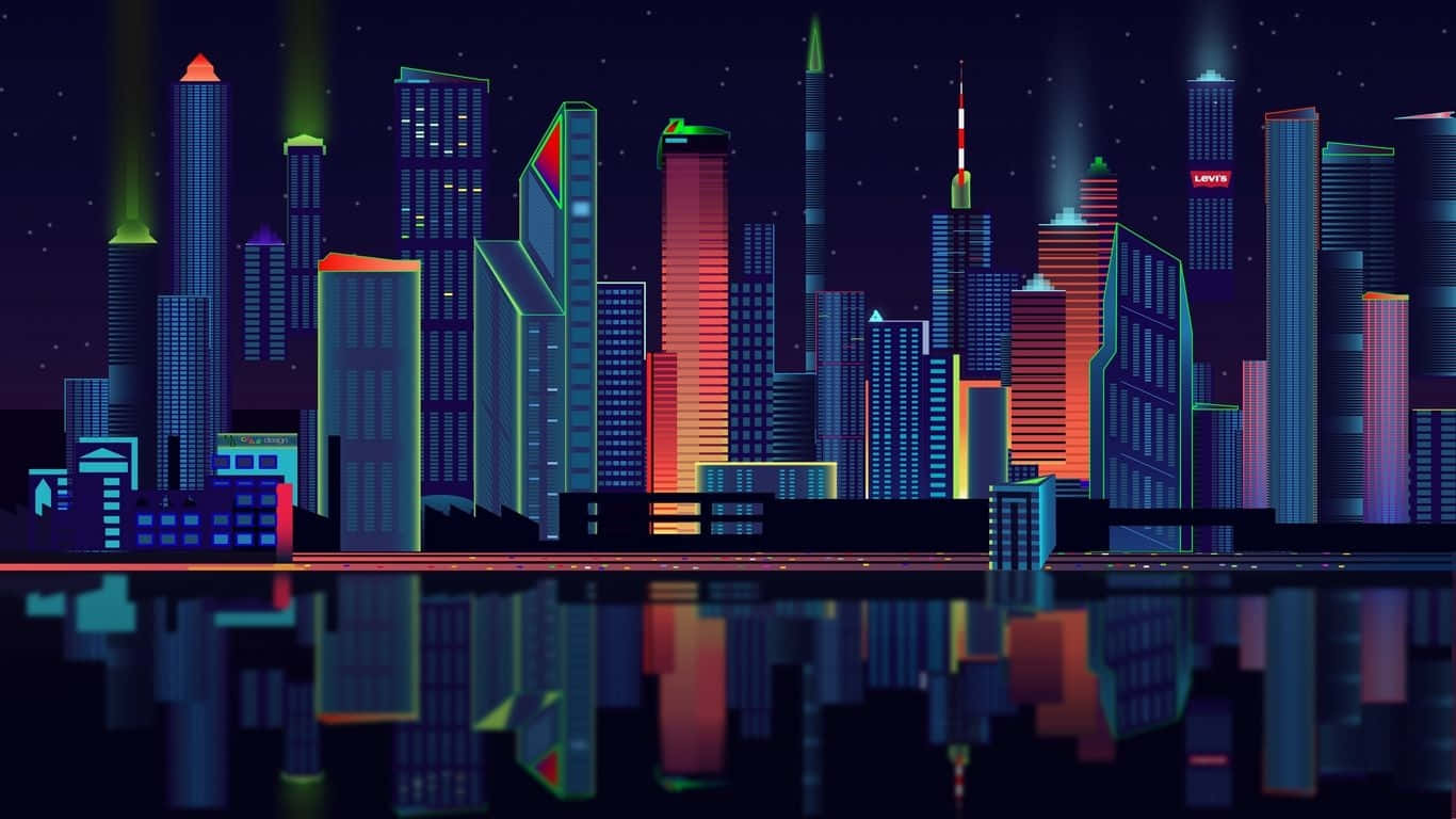 霓虹城市天際線在夜間倒映在水中，閃爍的摩天大樓和星星