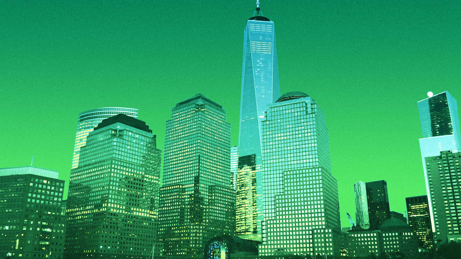紐約市標誌性天際線 壁紙 — 未來主義城市天際線，沐浴在霓虹綠光中，高聳的摩天大樓和發光的窗戶。