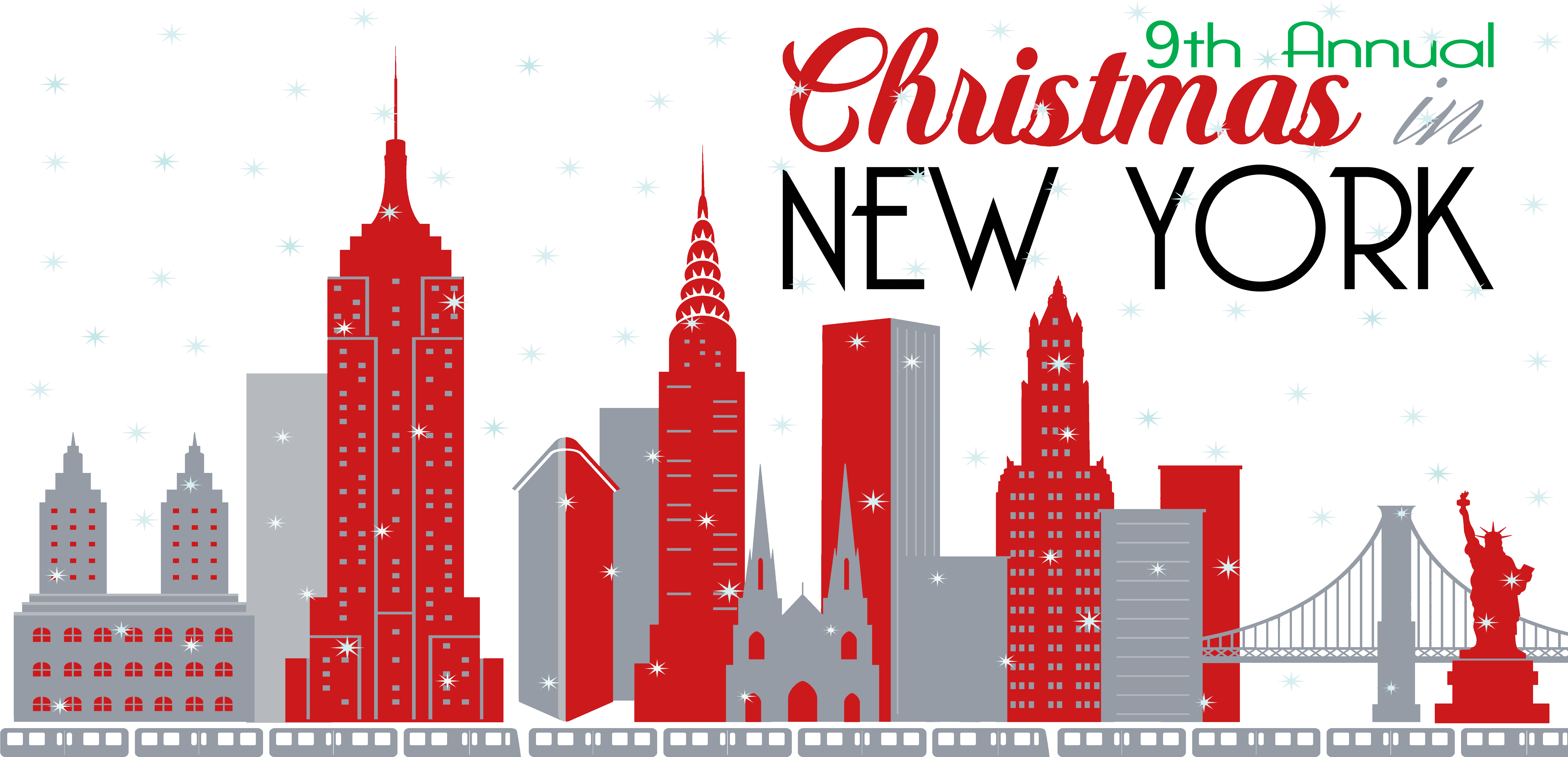 紐約市第九屆聖誕節景觀 壁紙 — 一個風格化的紅色和銀色紐約市天際線，夜晚有星星和節日文字，用於聖誕活動。