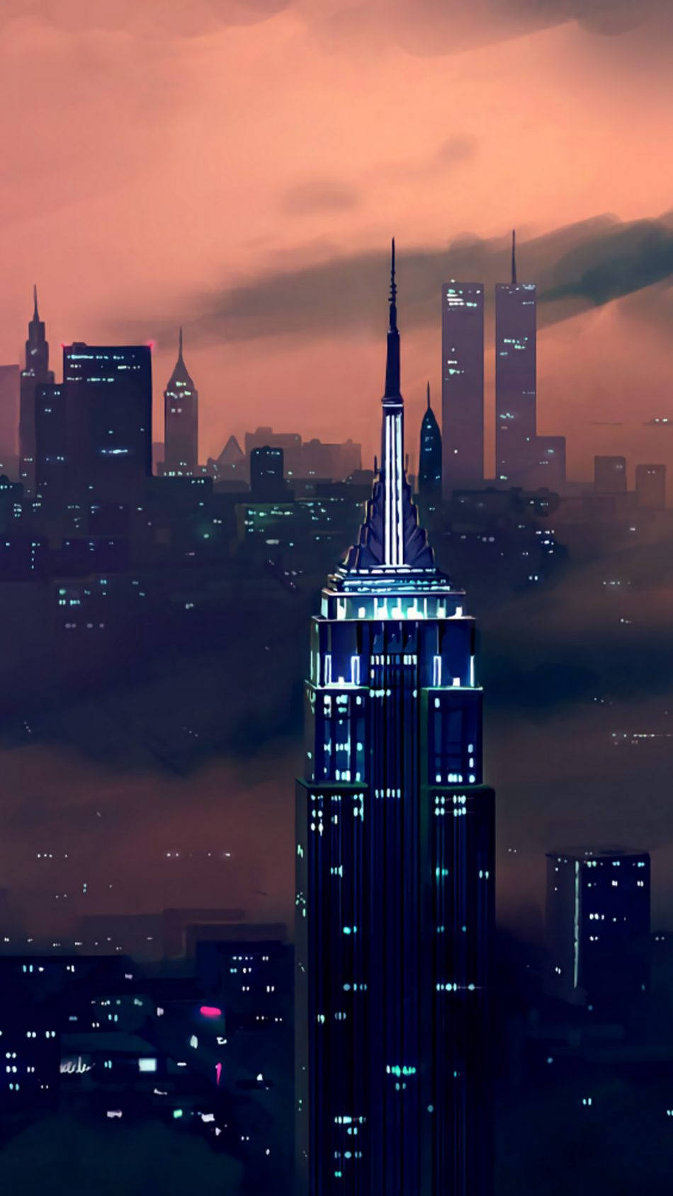 紐約帝國大廈 壁紙 — 帝國大廈在火橙色黃昏天空的背景下，藍色燈光穿透迷濛雲層閃耀。