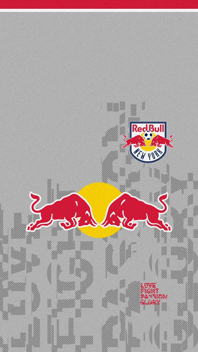 紐約紅牛隊灰色背景 壁紙 — Red Bull New York 足球隊標誌，兩頭紅色公牛在灰色紋理背景上，於黃色太陽上方互相衝撞。