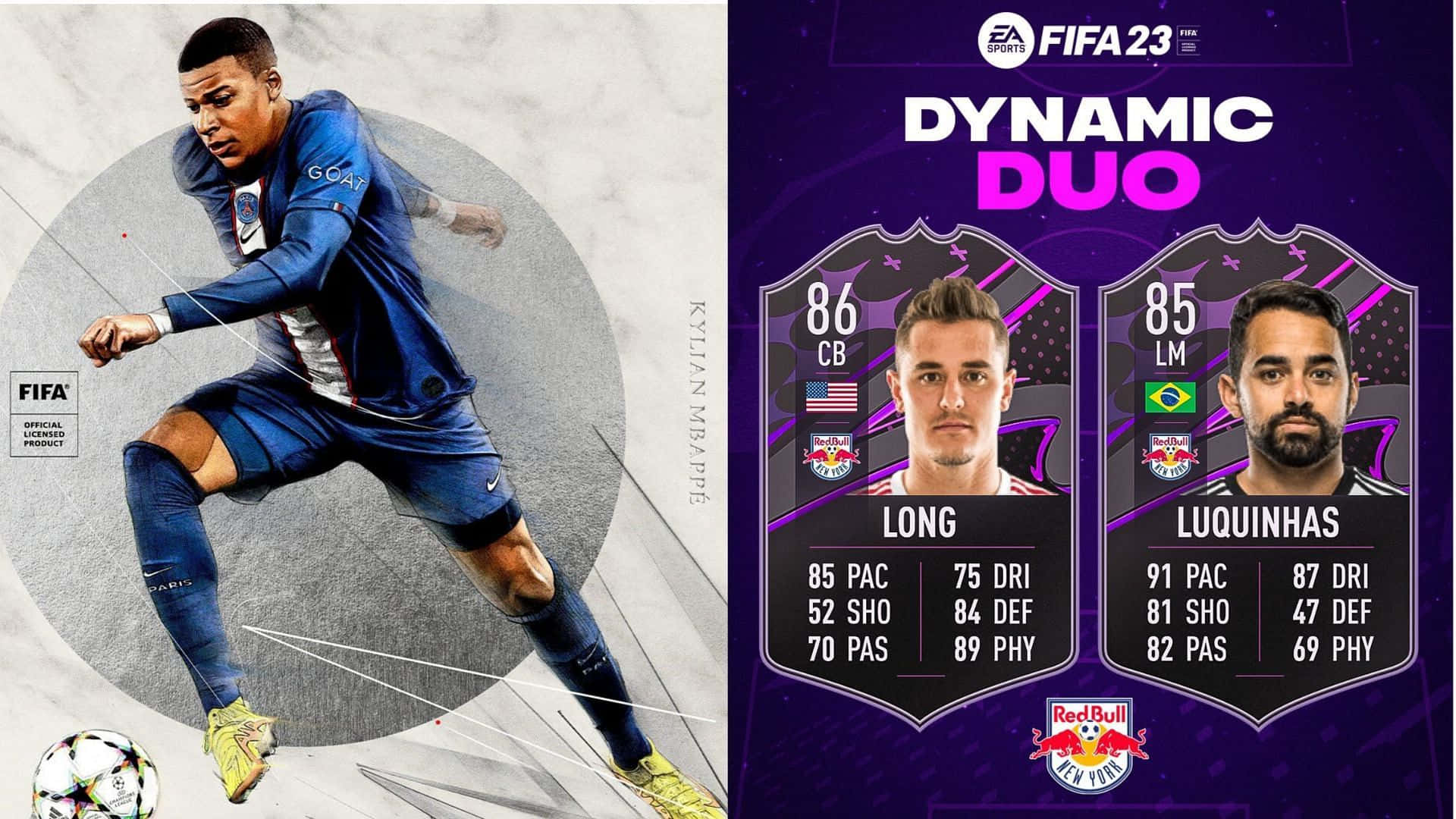 FIFA 23動態雙人足球運動員卡， featuring Kylian Mbappé 以及Long和Luquinhos的統計數據。