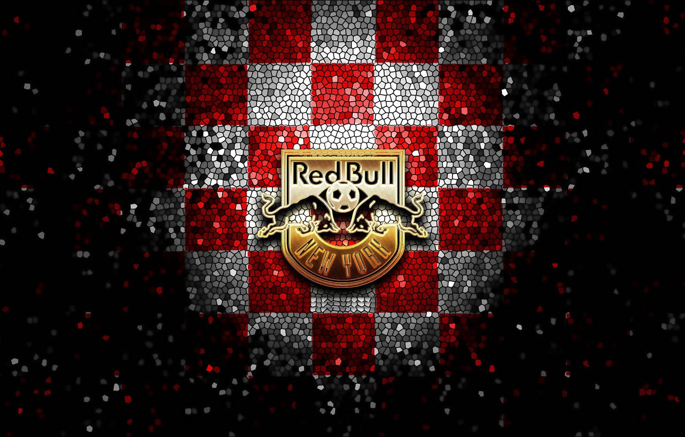 紐約紅牛隊紅白格紋背景 壁紙 — Red Bull New York 標誌居中，背景為紅、白、黑格仔馬賽克圖案，帶有閃爍質感。