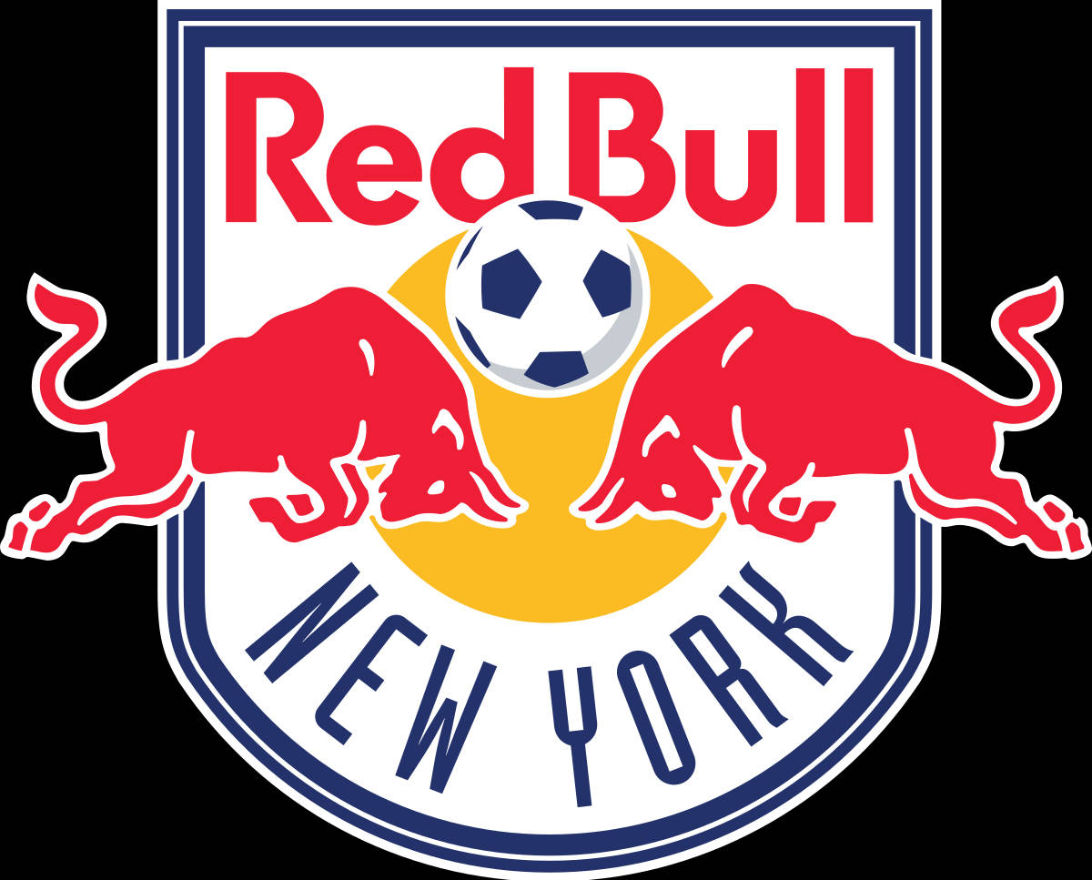 紐約紅牛隊經典純色標誌 壁紙 — Red Bull New York 足球隊標誌，兩頭紅色公牛在黃色太陽前衝向足球。