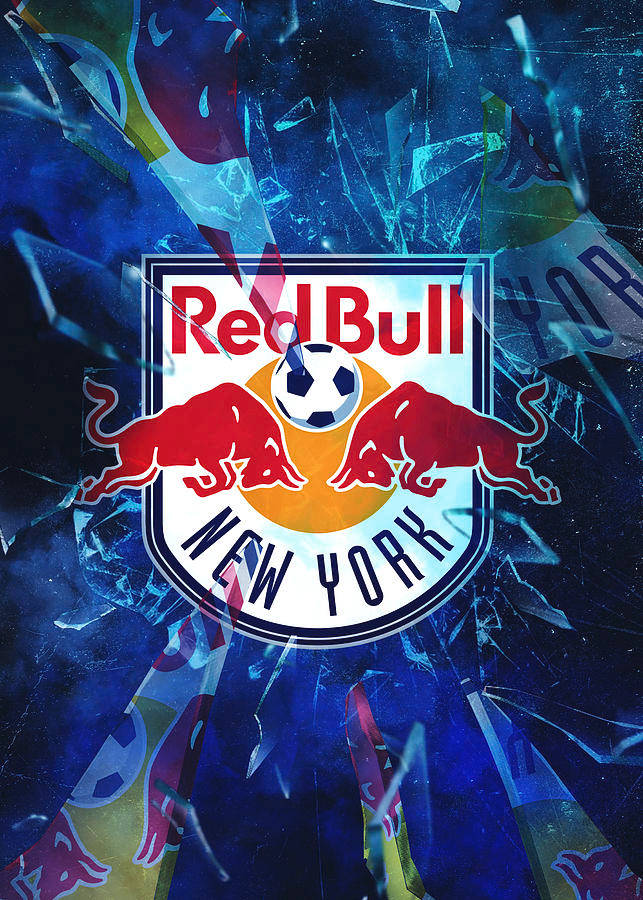紐約紅牛隊藍色碎玻璃背景 壁紙 — Red Bull New York 足球標誌，帶有碎玻璃效果，採用充滿活力的藍色和紅色色調。