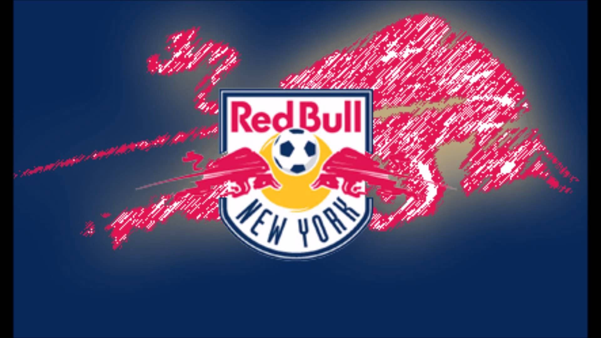 紐約紅牛隊閃亮公牛背景 壁紙 — Red Bull New York 足球隊標誌，帶有紅色公牛剪影和足球，背景為深藍色。