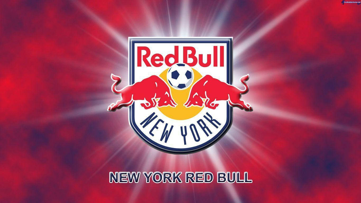 紐約紅牛隊閃耀光效 壁紙 — Red Bull New York 足球隊標誌，兩頭衝鋒的紅色公牛和一個足球，襯以耀眼的紅色背景。