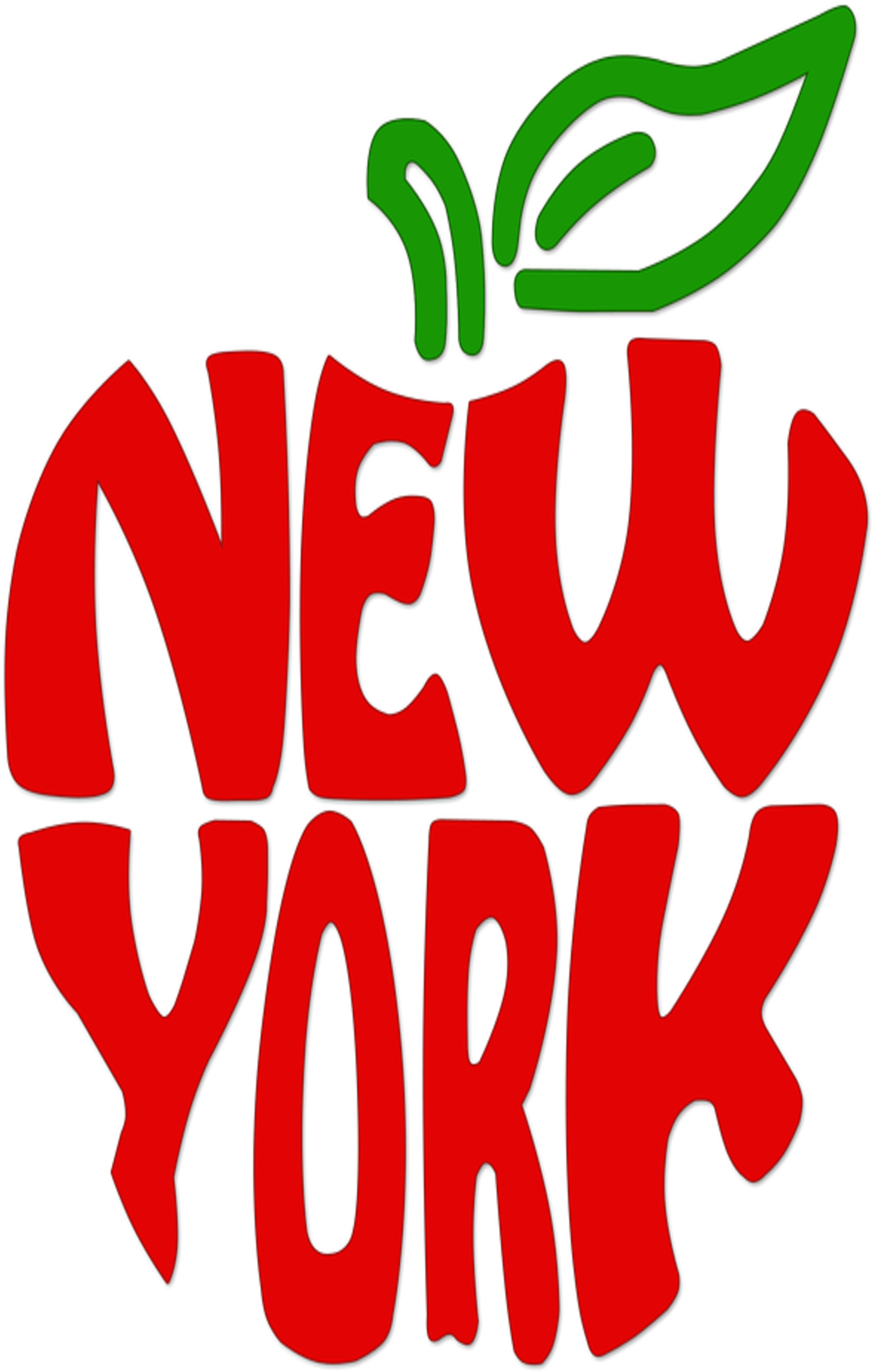 紐約紅蘋果設計 壁紙 — 大膽的紅色「NEW YORK」文字，造型為帶有綠色葉子的蘋果，背景為黑色。