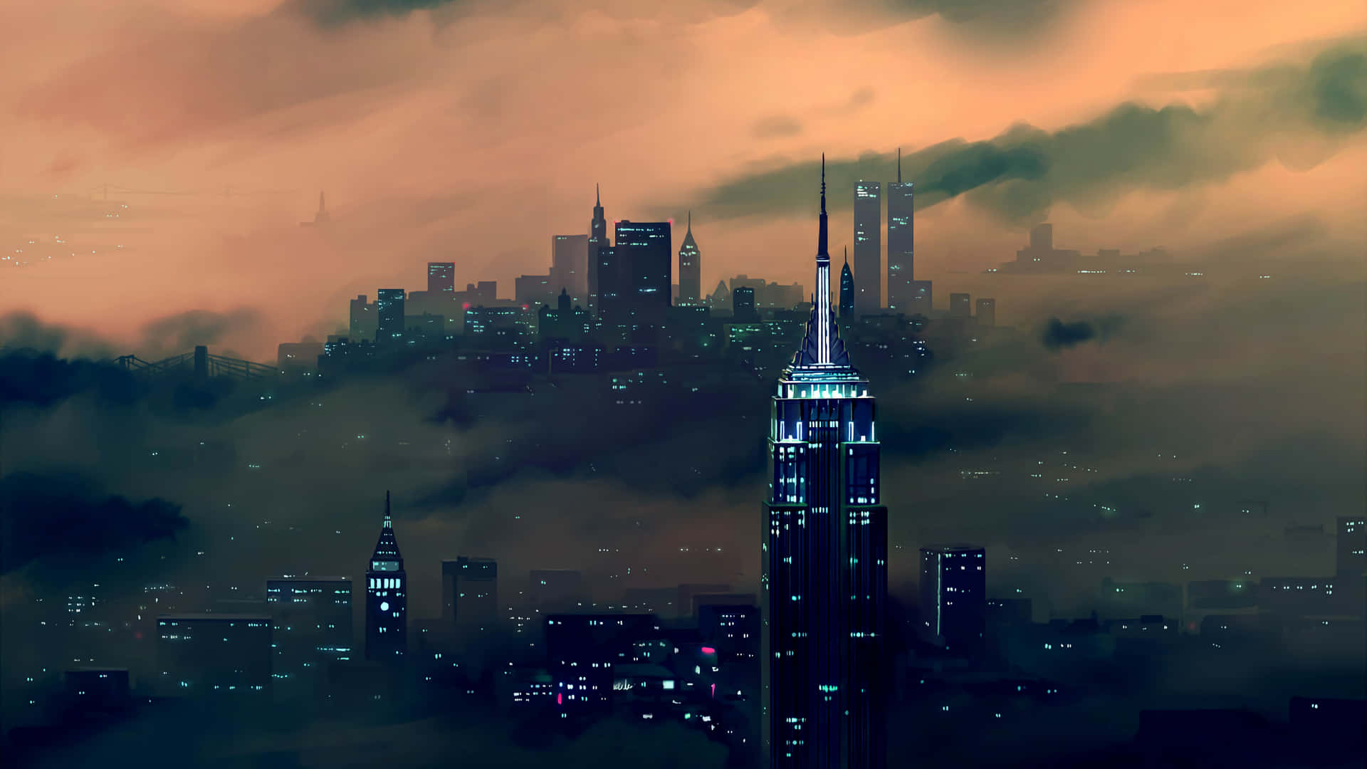 黃昏時分，城市天際線從雲層中浮現，燈光閃爍。