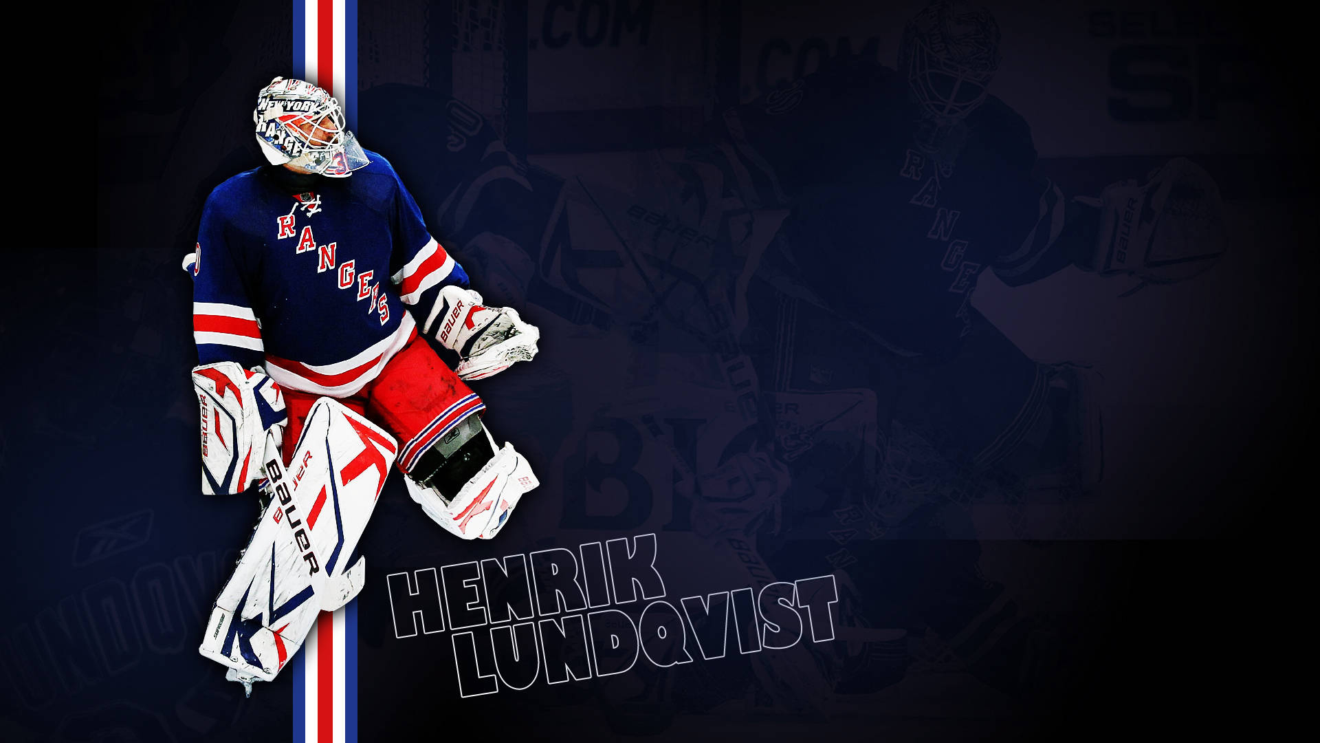冰球守門員 Henrik Lundqvist 穿著流浪者隊裝備，附有球隊名稱和標誌。