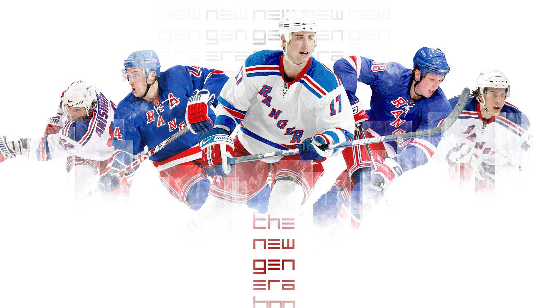 穿著 Rangers 裝備的冰球運動員手持球棍向前衝刺