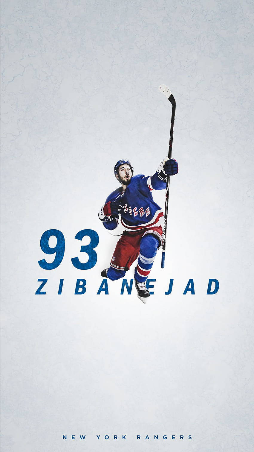 冰球運動員 Zibanejad 身穿 Rangers 球衣，高舉球棍慶祝。