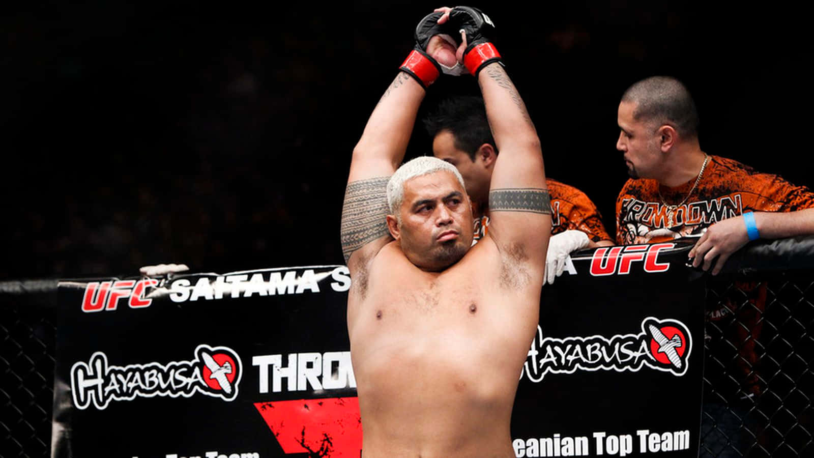 MMA拳手在UFC八角籠中高舉拳頭慶祝勝利。