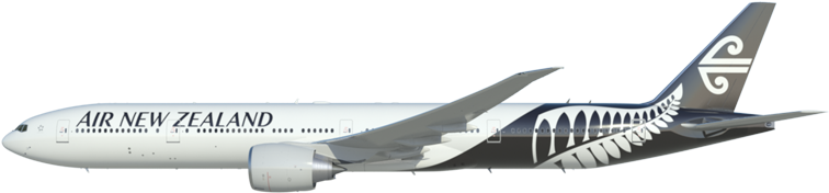 紐西蘭航空客機側面圖 壁紙 — 一架流線型的紐西蘭航空波音777客機，銀色機身，黑色尾翼上帶有標誌性的銀色蕨類圖案。