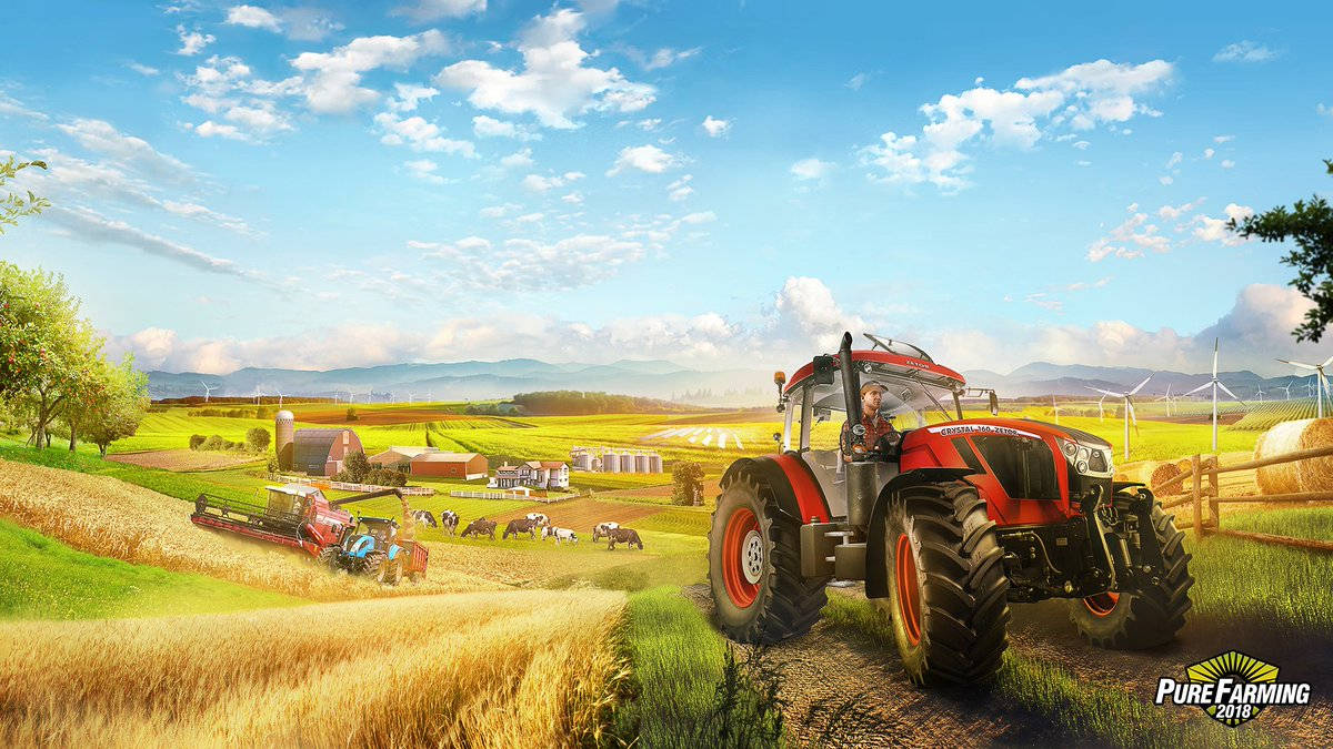純 farming 農業 2018 壁紙 — 一輛紅色拖拉機在明亮的藍天下穿過金色麥田，天空中有蓬鬆的雲朵和遠處的風力發電機。