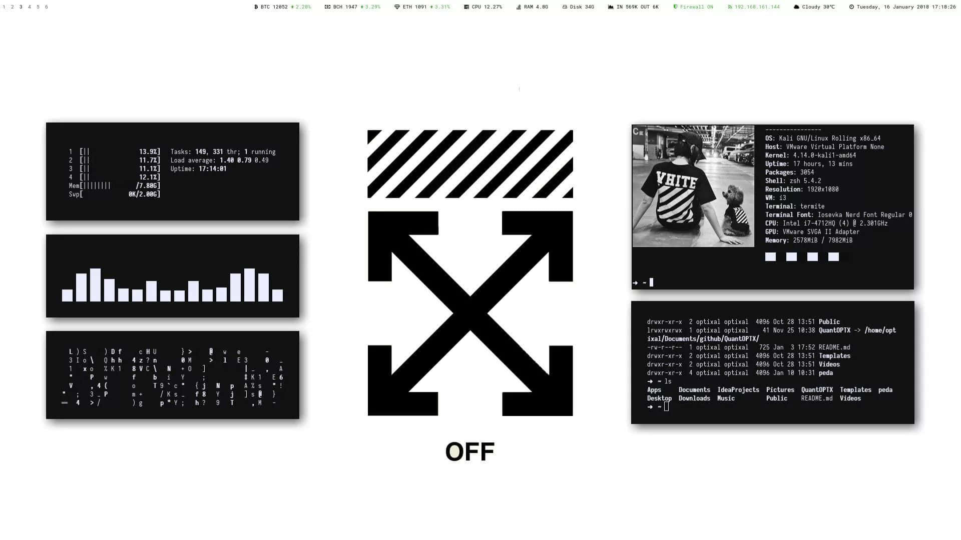 純淨白色桌面 壁紙 — 一個極簡的黑白牆紙，中央有Off-White標誌，兩側是顯示系統統計數據和代碼的終端視窗。