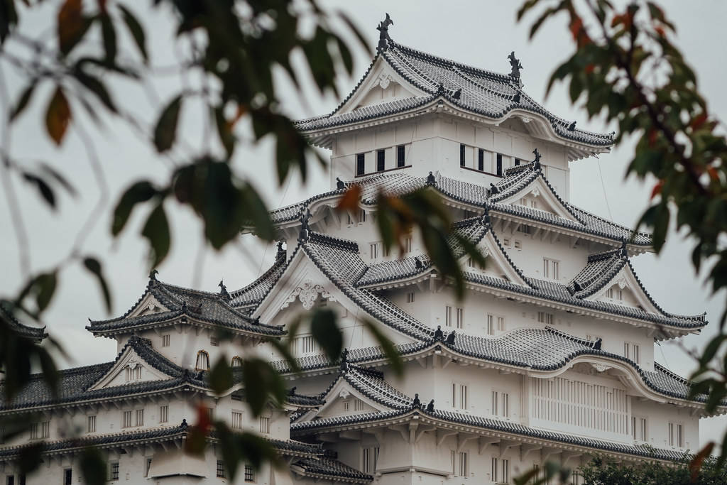 在陰天透過秋葉看到的日本城堡。