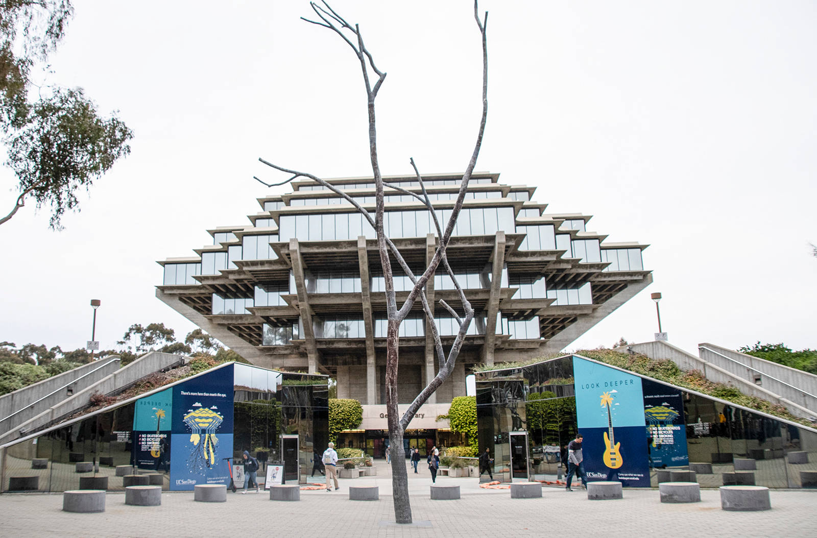 純白天空下的UCSD 壁紙 — 一座引人注目的現代主義建築，擁有分層的玻璃和混凝土層次，矗立在多雲的天空下，被光禿的樹枝和人們在彩色橫幅附近行走所環繞。