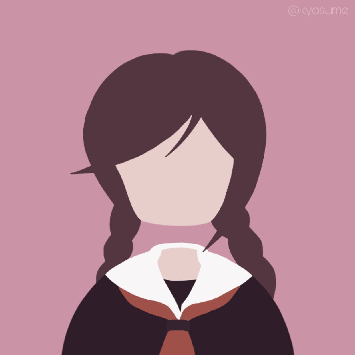 粉紅色背景上穿著校服的辮子無臉女孩。