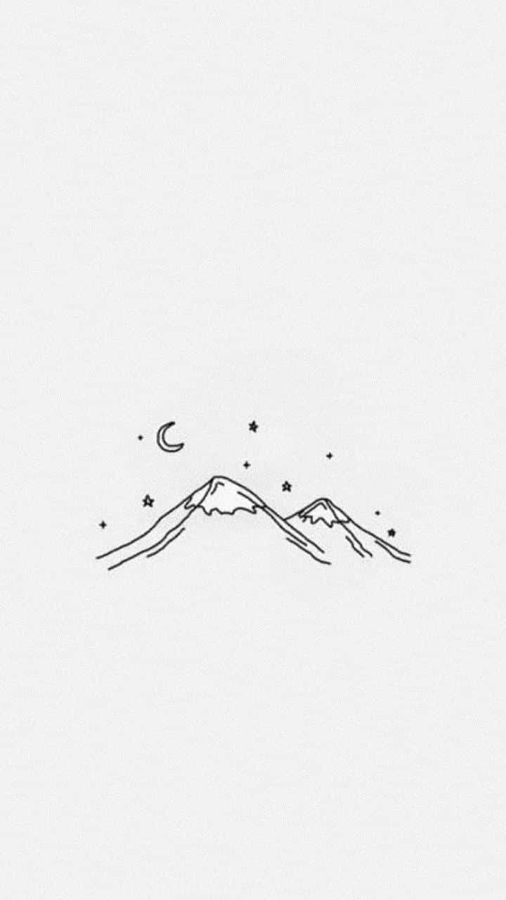 純白背景 – 任何設計的乾淨選擇 壁紙 — 新月和散落的星星下，雪覆蓋的山脈的極簡線條畫，純白背景。
