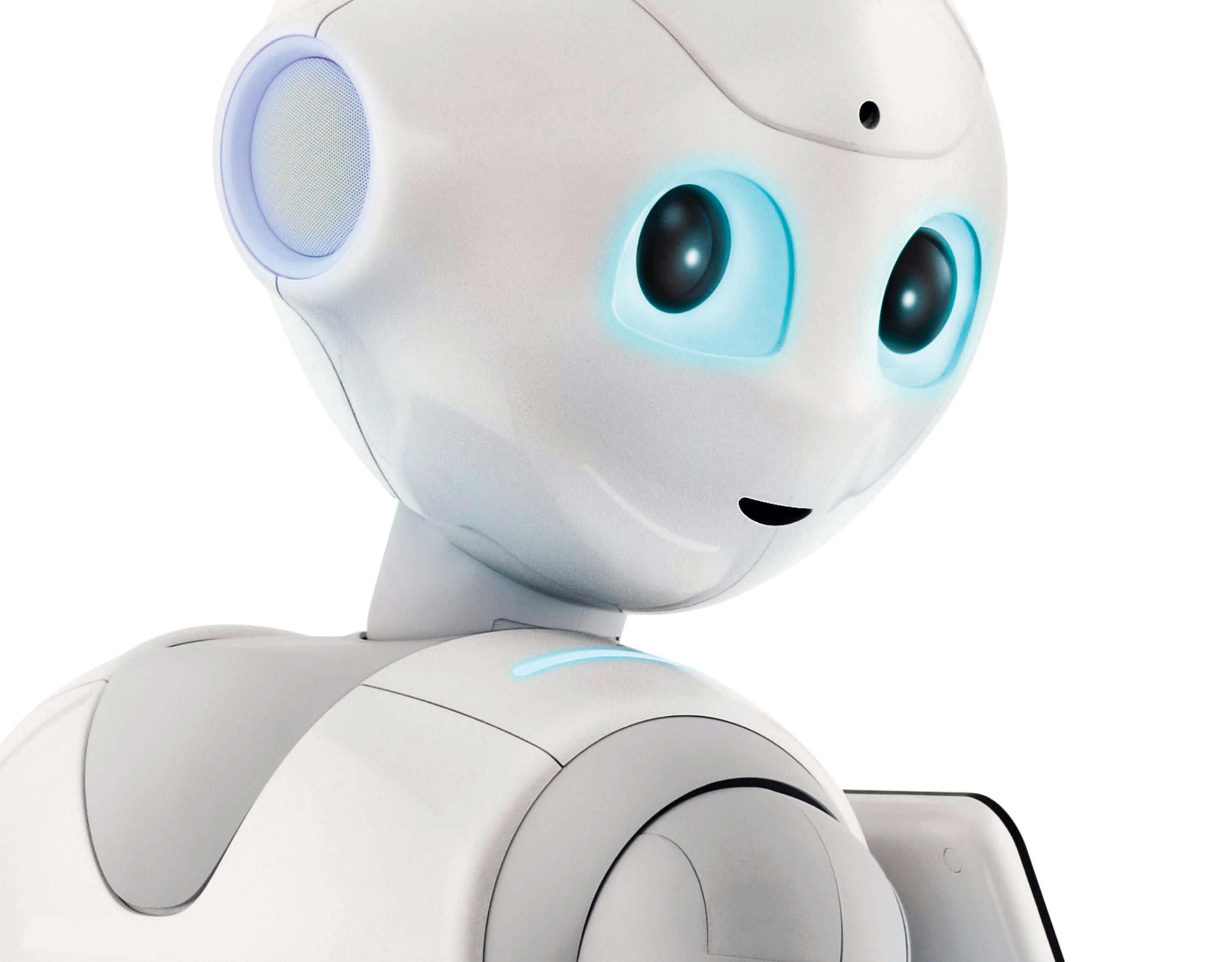 Kawaii Robot 桌布 壁紙 — 純白背景上，一個光滑的白色人形機器人特寫，帶有發光的藍色眼睛和柔和曲線。