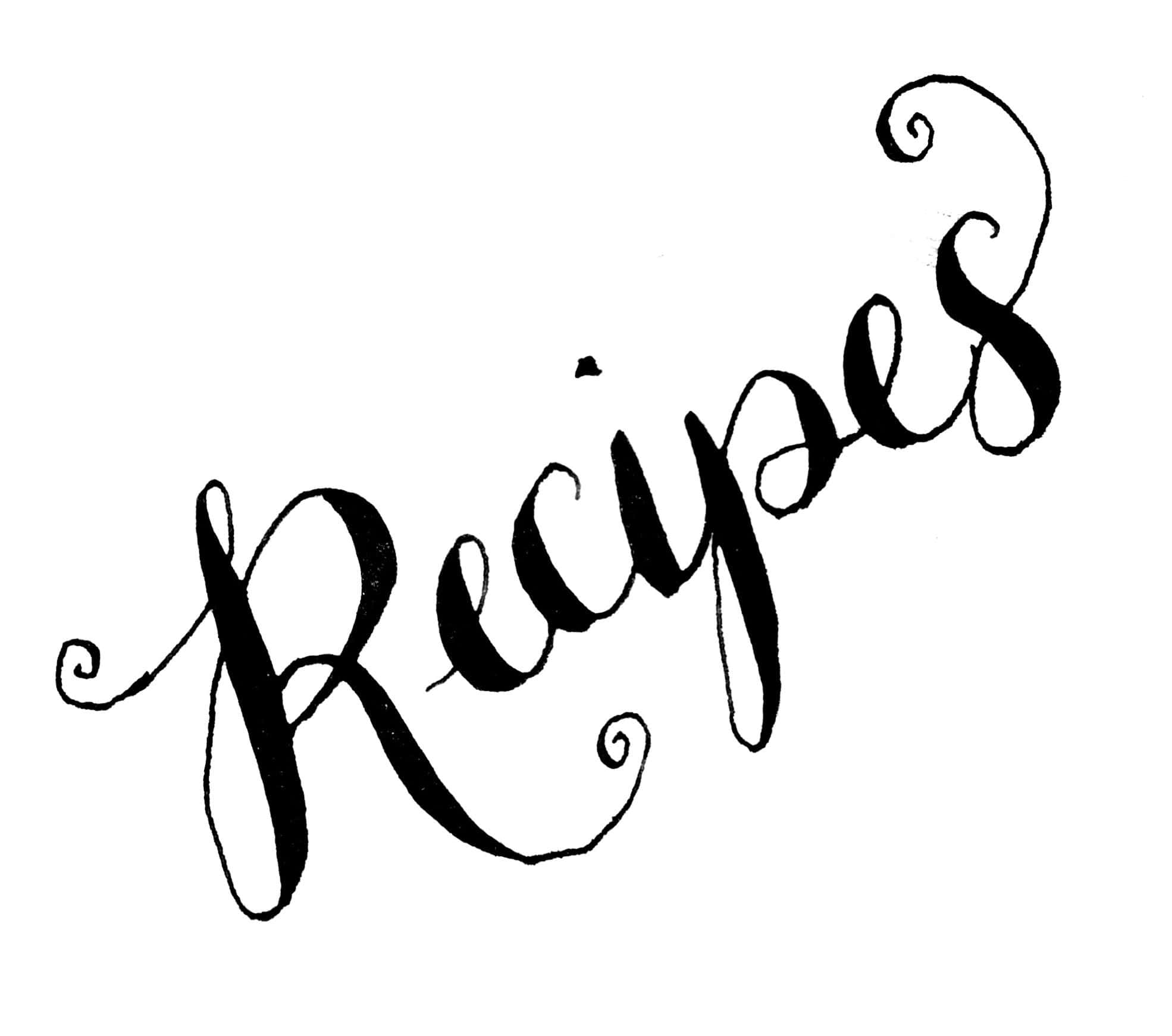 Black And White Word 桌布 壁紙 — 純白背景上帶有裝飾的優雅黑色草書單詞「Recipes」。