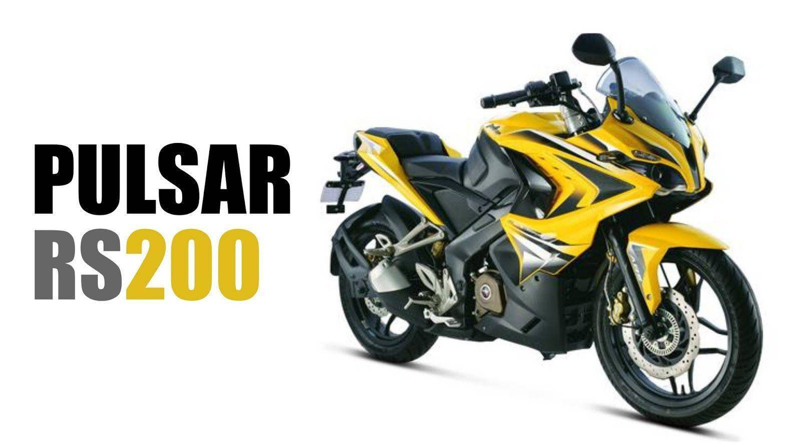 純白背景黃色 Pulsar RS200 壁紙 — 一輛充滿活力的黃黑配色Pulsar RS200運動摩托車，在潔白背景上以粗體文字展示。