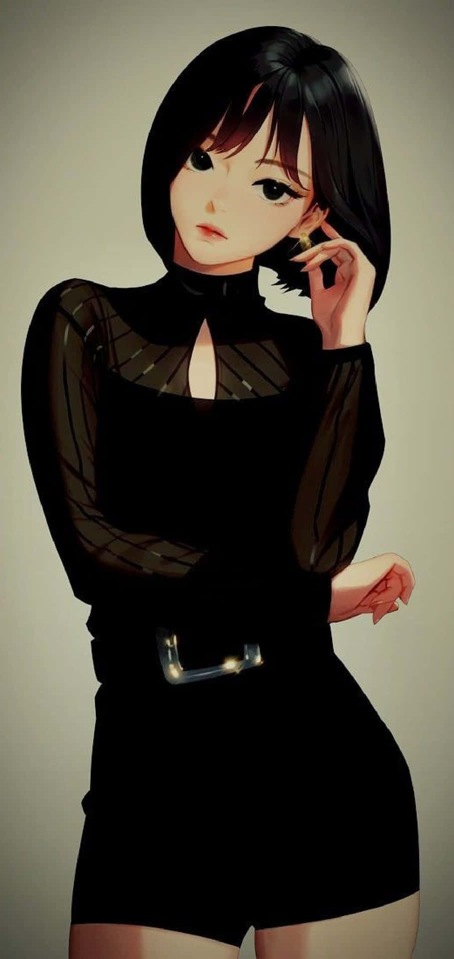 純真化身——美麗少女卡通 壁紙 — 一位時尚的動漫女孩，短黑髮，穿著透視黑色上衣和短褲，搭配發光的腰帶扣。