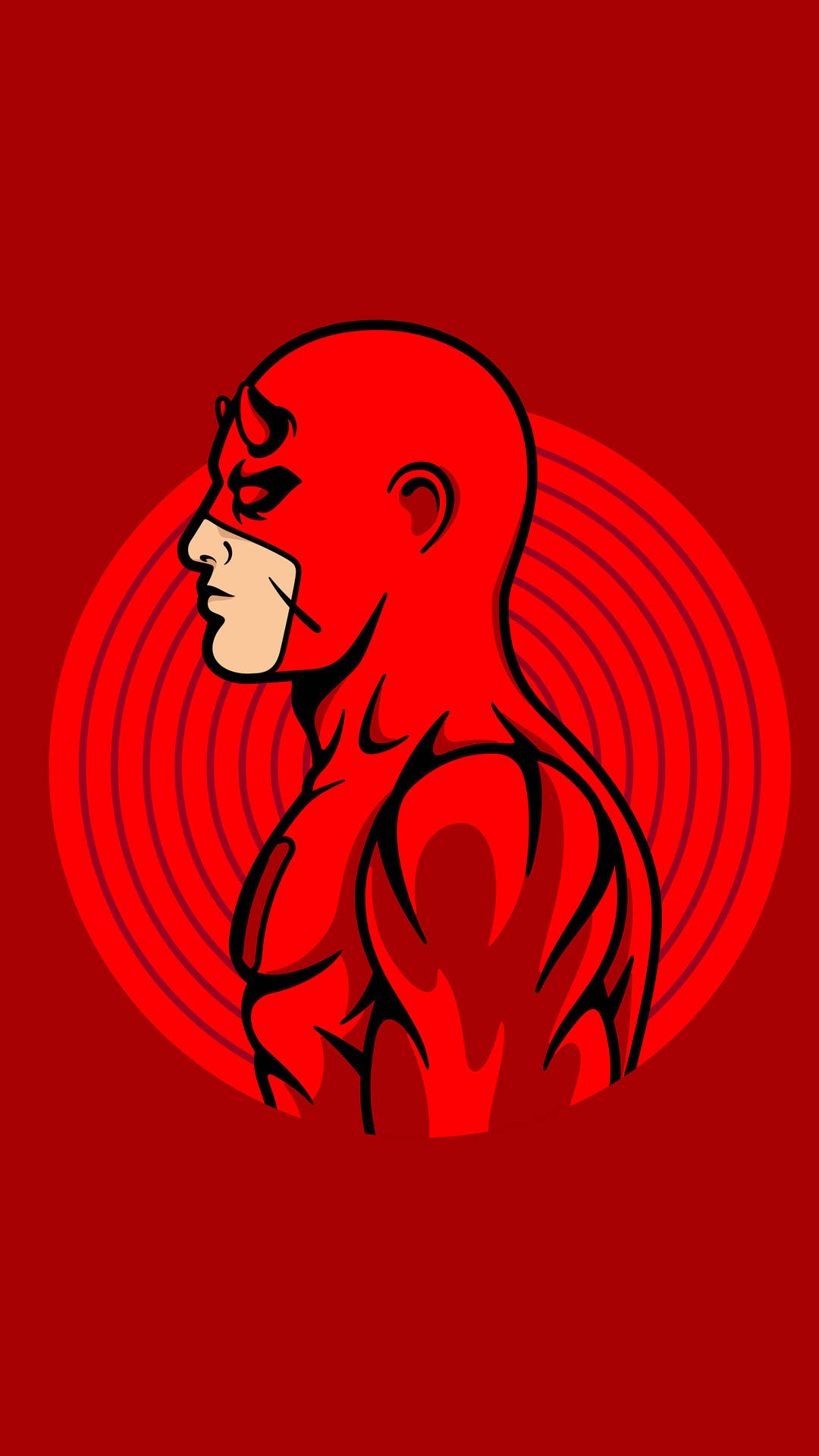 純紅色 Daredevil 壁紙 — 一個風格化的紅色超級英雄側面輪廓，帶有黑色輪廓和背後的同心圓，背景為純紅色。