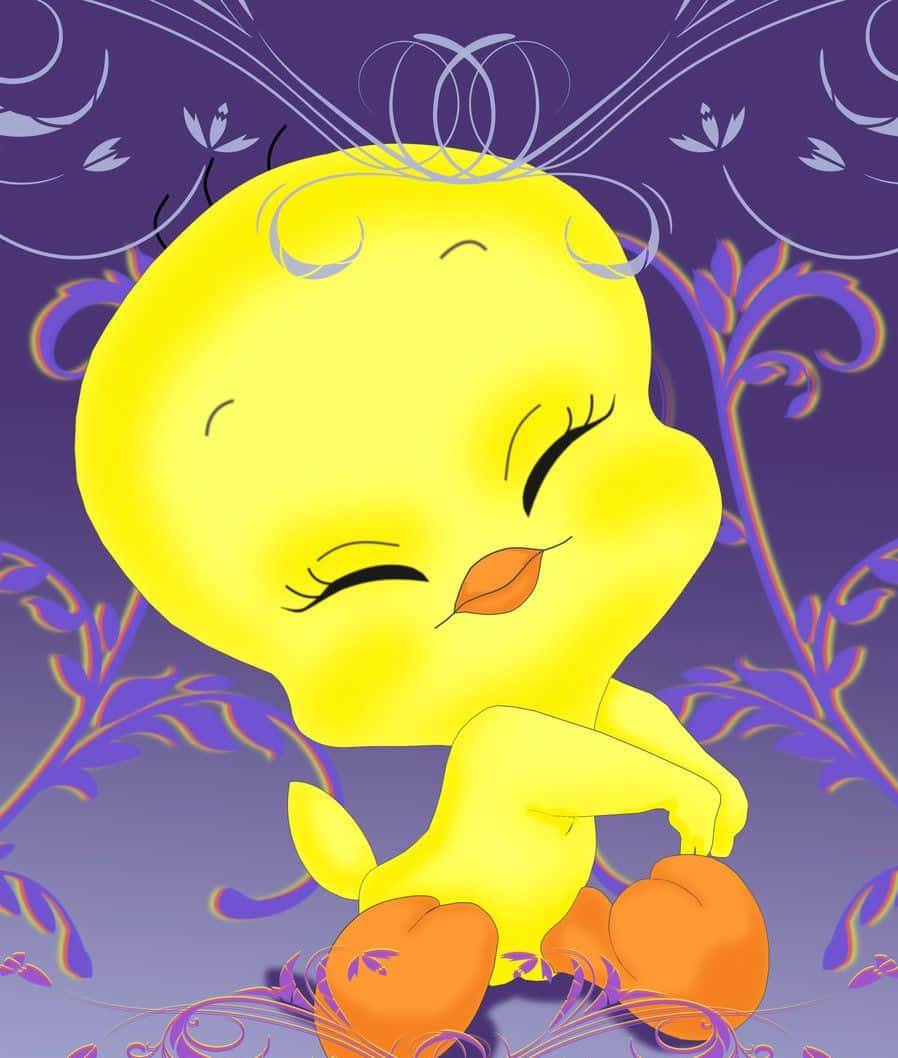 純純的Tweety Bird 壁紙 — 一隻可愛的黃色卡通鳥，閉著眼睛，橙色腳，平靜地坐在紫色花卉背景上。