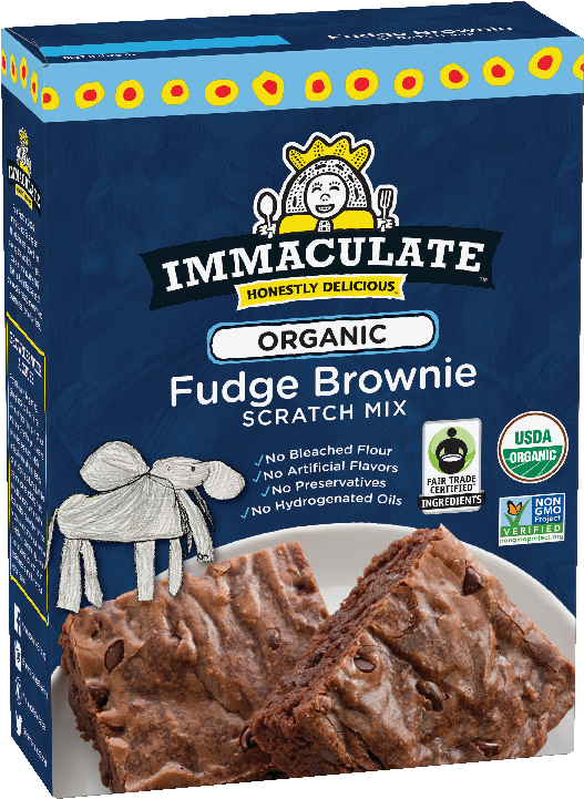 純素巧克力布朗尼混合粉盒 壁紙 — 一個藍色盒子，內含Immaculate Organic Fudge Brownie Scratch Mix，特色是濃郁的朱古力布朗尼和俏皮的大象插圖。