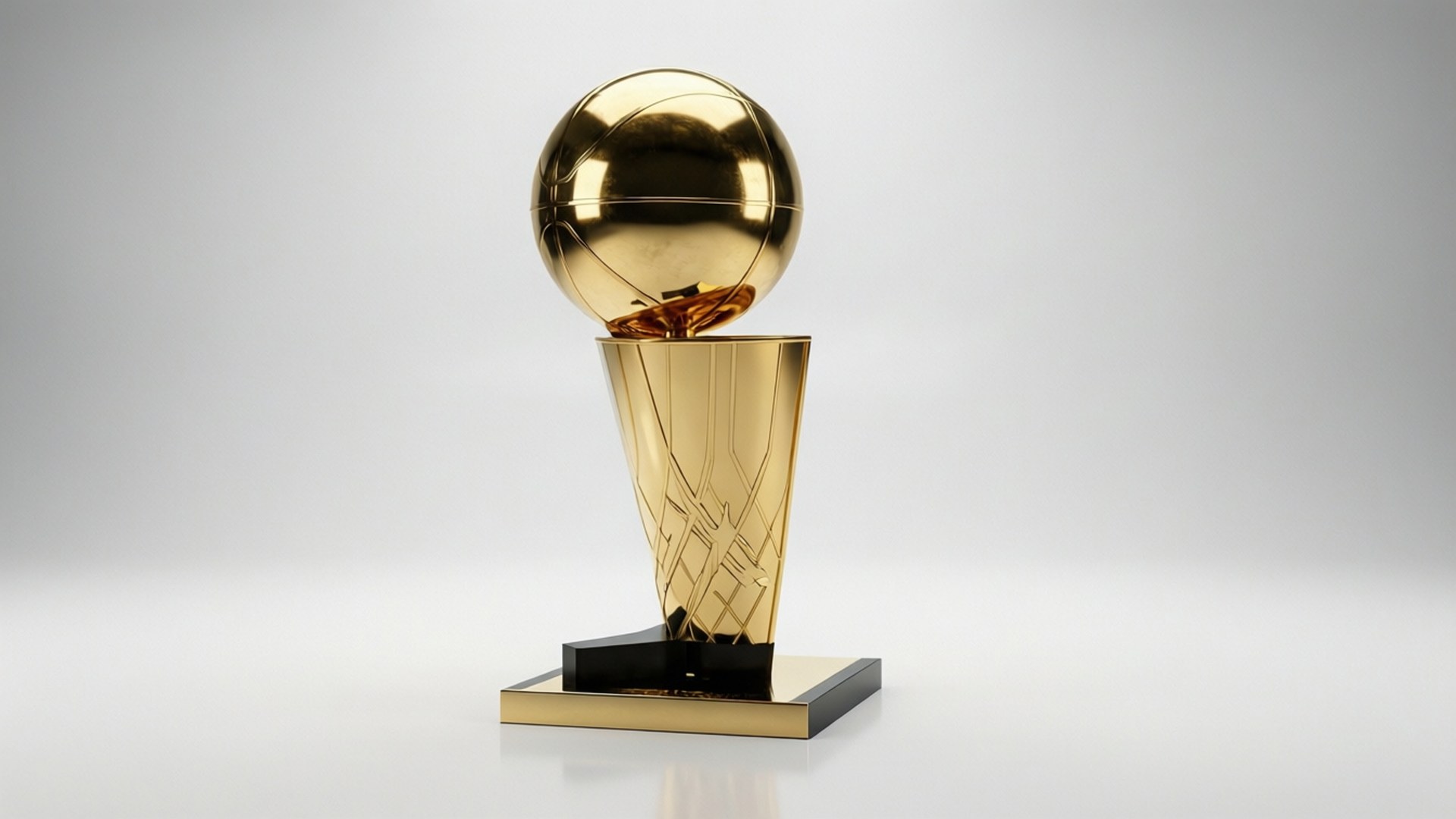 金色NBA冠軍獎盃，籃球在網狀底座上，中性背景。