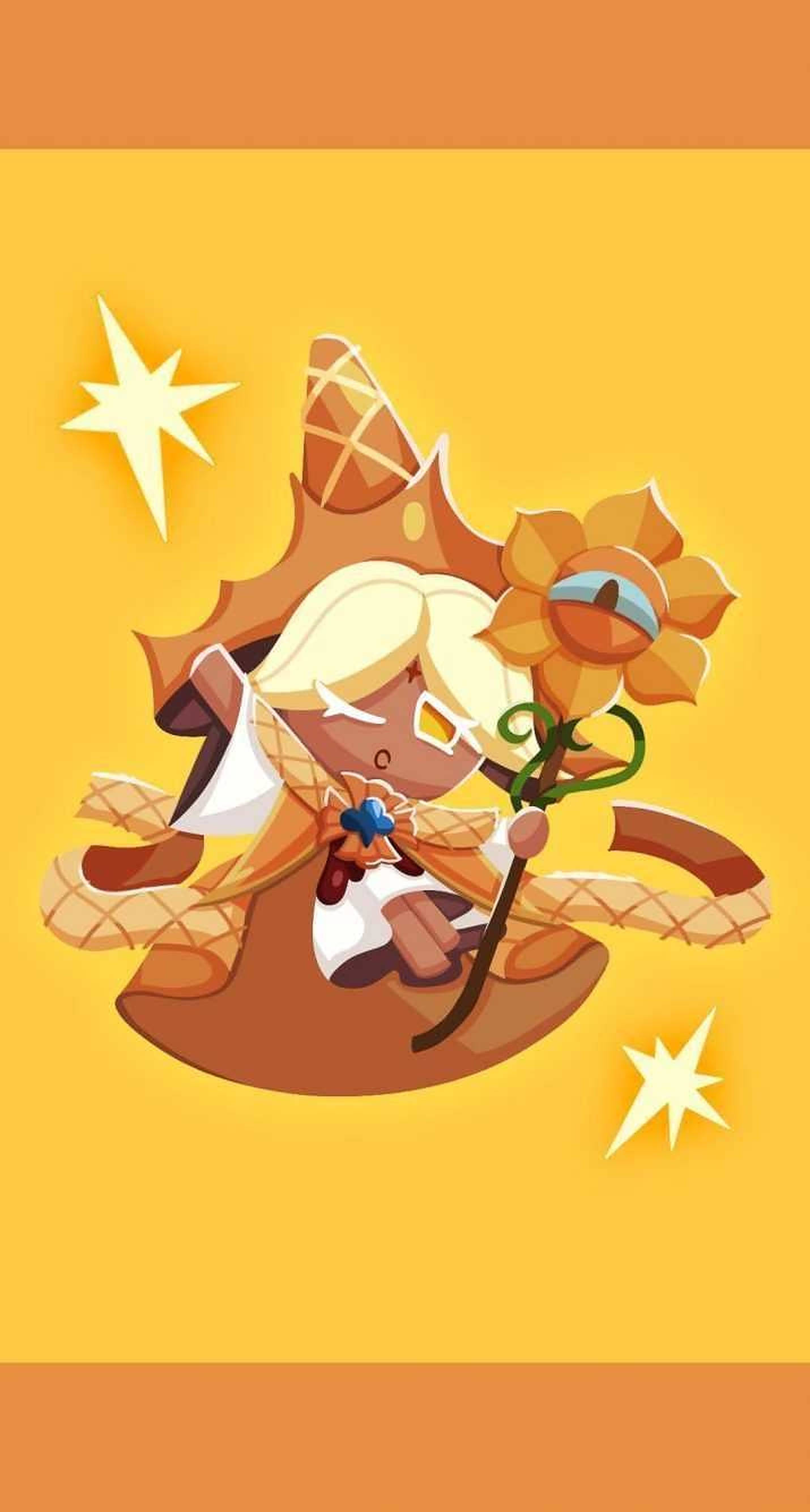 純香草餅乾 Cookie Run 壁紙 — 一個快樂的卡通角色，金髮戴著向日葵帽，在溫暖的黃色背景上手持權杖，背景有閃爍的星星。