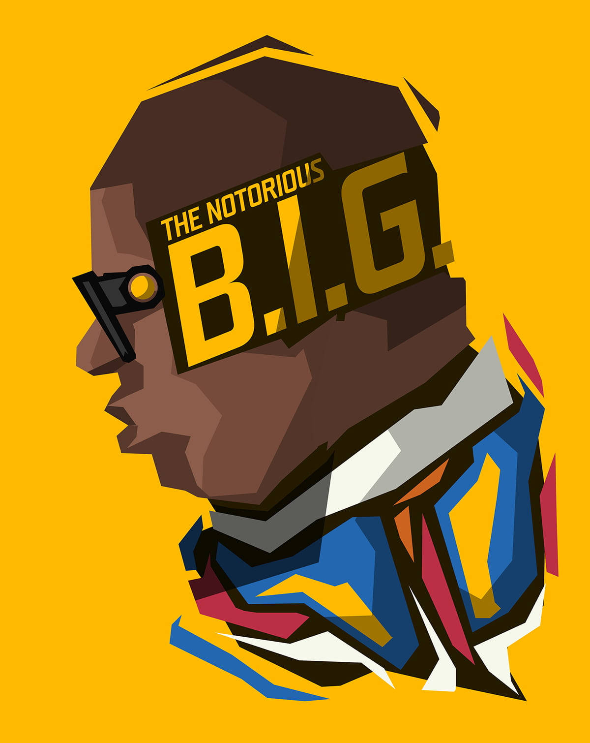 饒舌歌手 The Notorious B.I.G. 的側面風格化插圖，採用大膽色彩和幾何形狀。