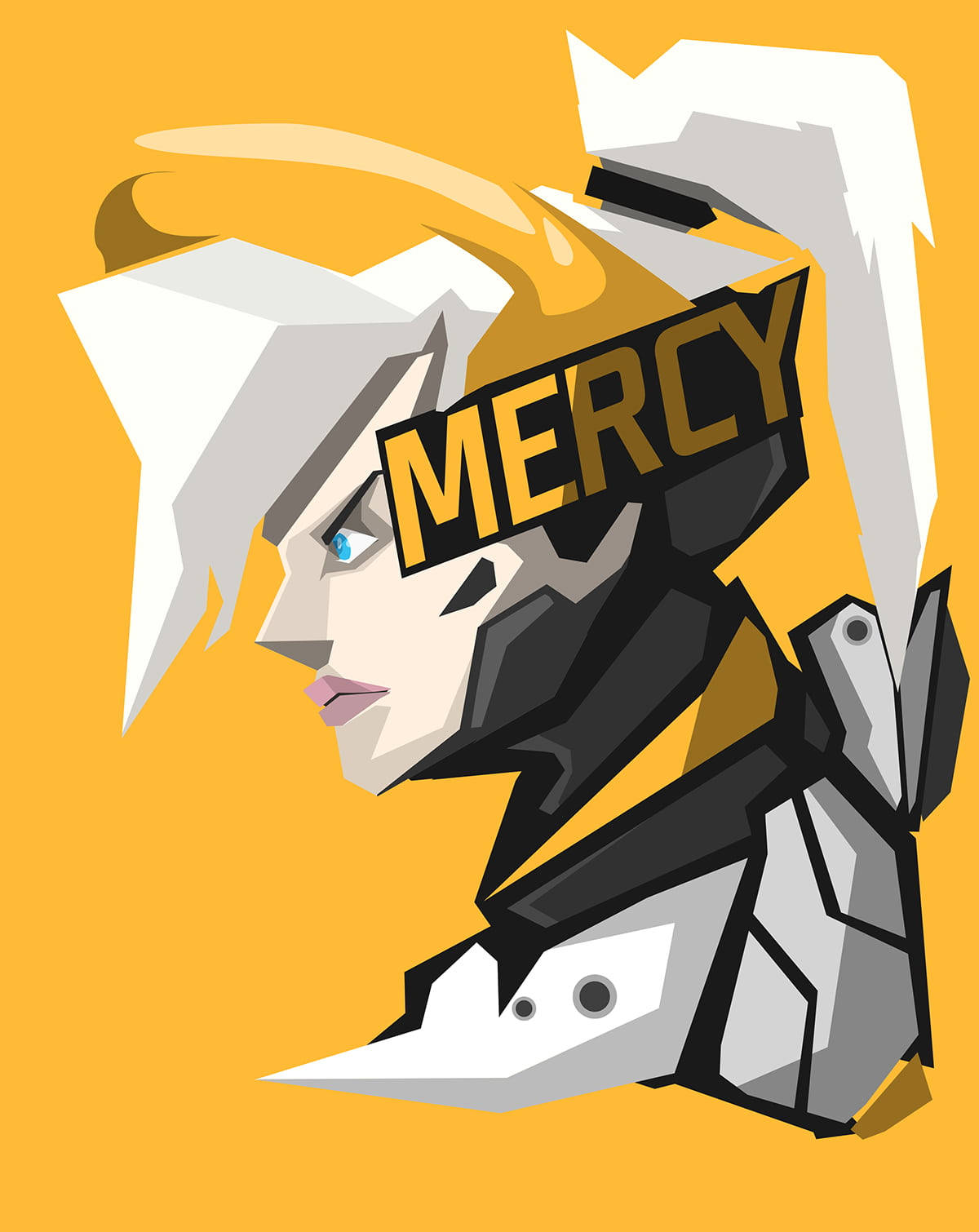 純黃色 iPhone Mercy 向量藝術 壁紙 — 《鬥陣特攻》中 Mercy 的風格化幾何肖像，白色頭髮和黃色點綴，背景為純橙色。