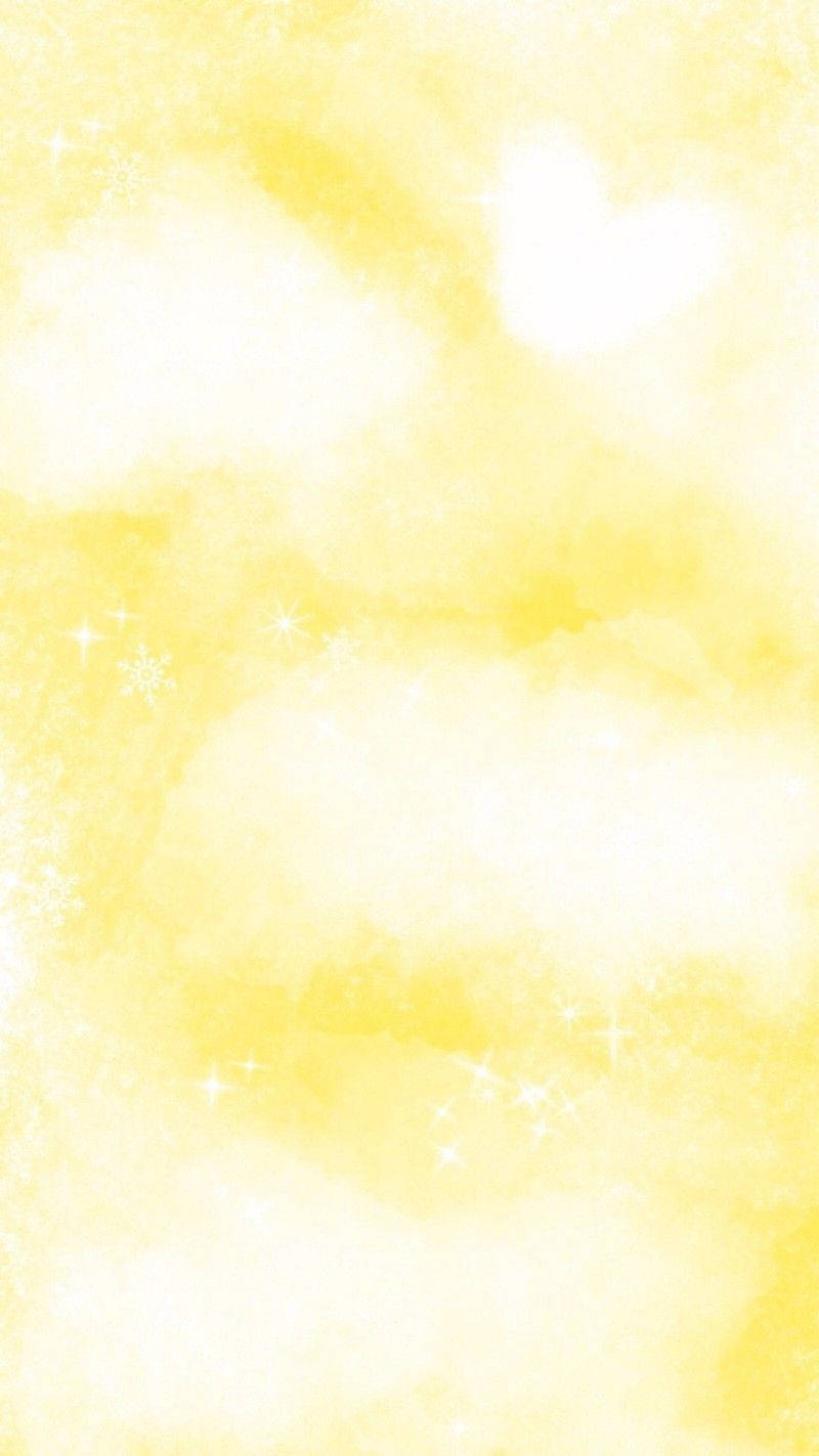 發光的黃色水彩天空，帶有蓬鬆的雲朵和閃爍的星星。