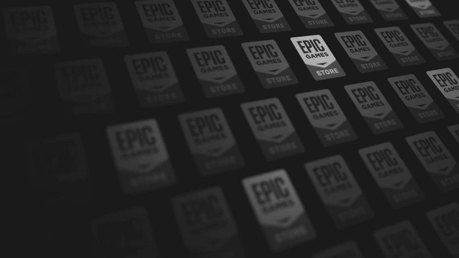 在深色背景上，以模糊的數碼網格圖案重複顯示Epic Games Store標誌。 — 1600x900 GIF 壁紙