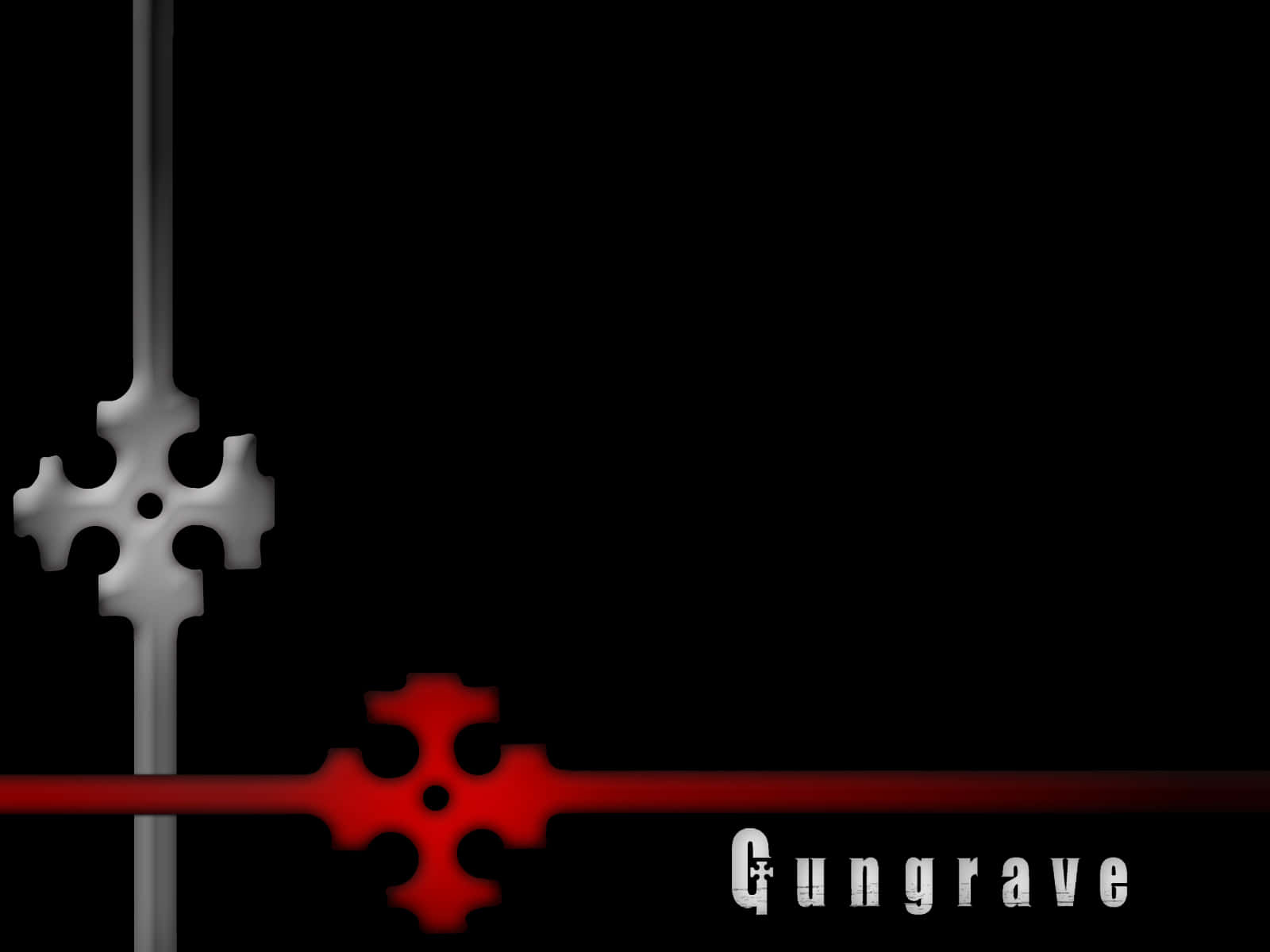 Gungrave 桌布 壁紙 — 純黑背景上，一個銀色十字架和一個紅色十字架交錯，並以白色文字顯示標題 Gungrave。